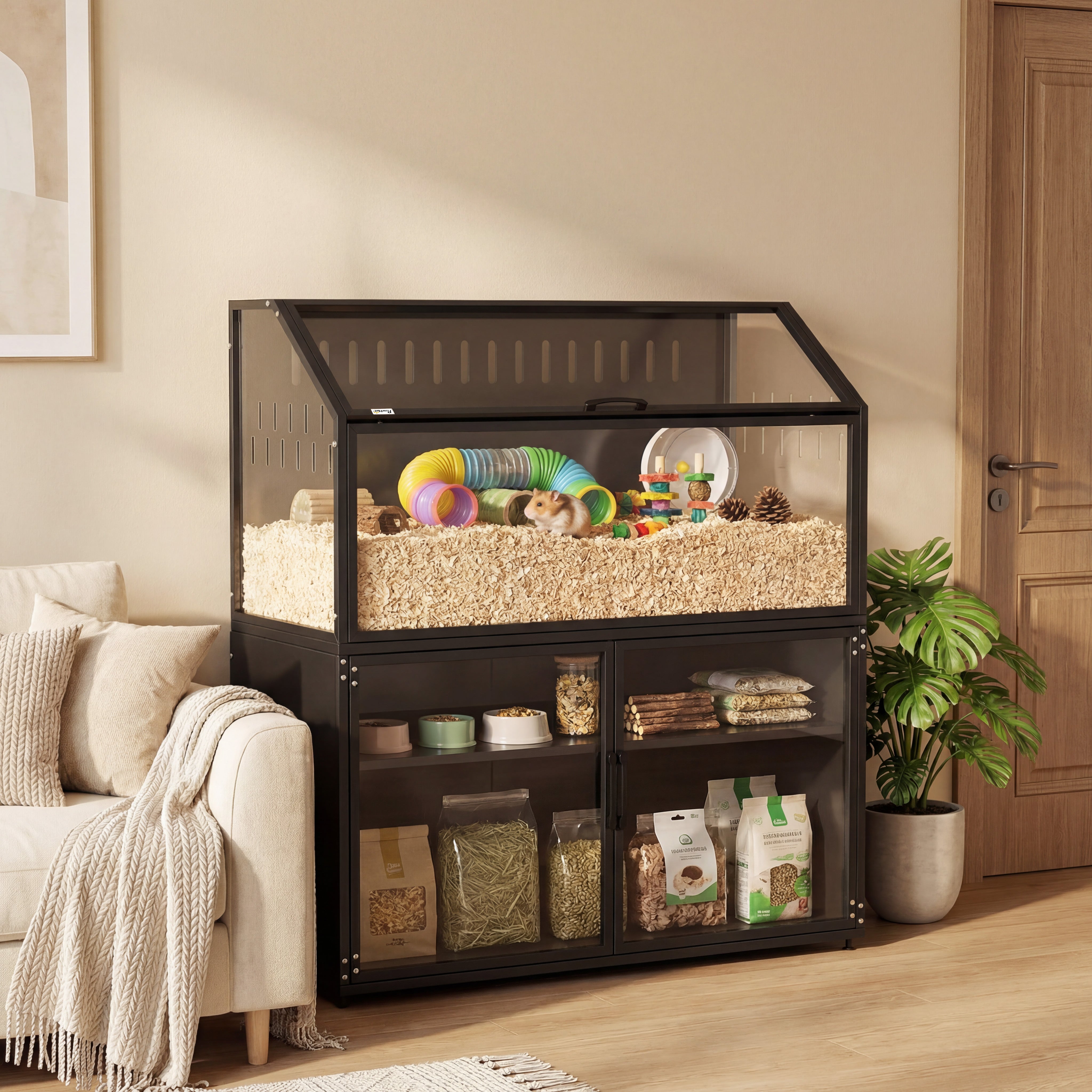 pawhut-cage-hamster-noire-avec-meuble-de-rangement-panneaux-acryliques-et-toit-o image 4
