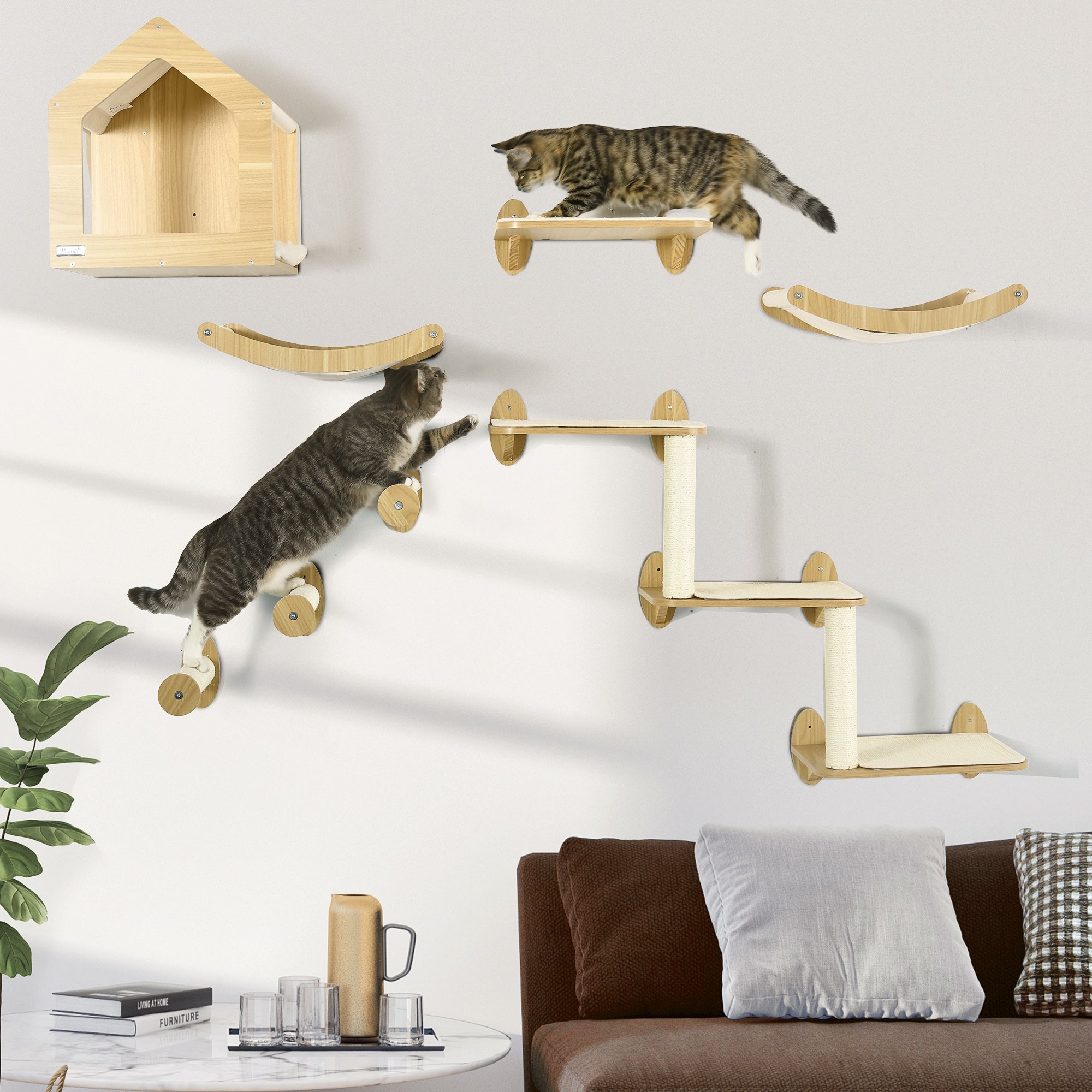 pawhut-arbre-chat-mural-8-pi-ces-beige-avec-condo-perchoirs-et-griffoirs image 3