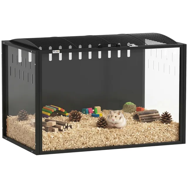 pawhut-cage-hamster-acrylique-dessus-ouvrable-81-x-51-x-53-cm-noir image 1