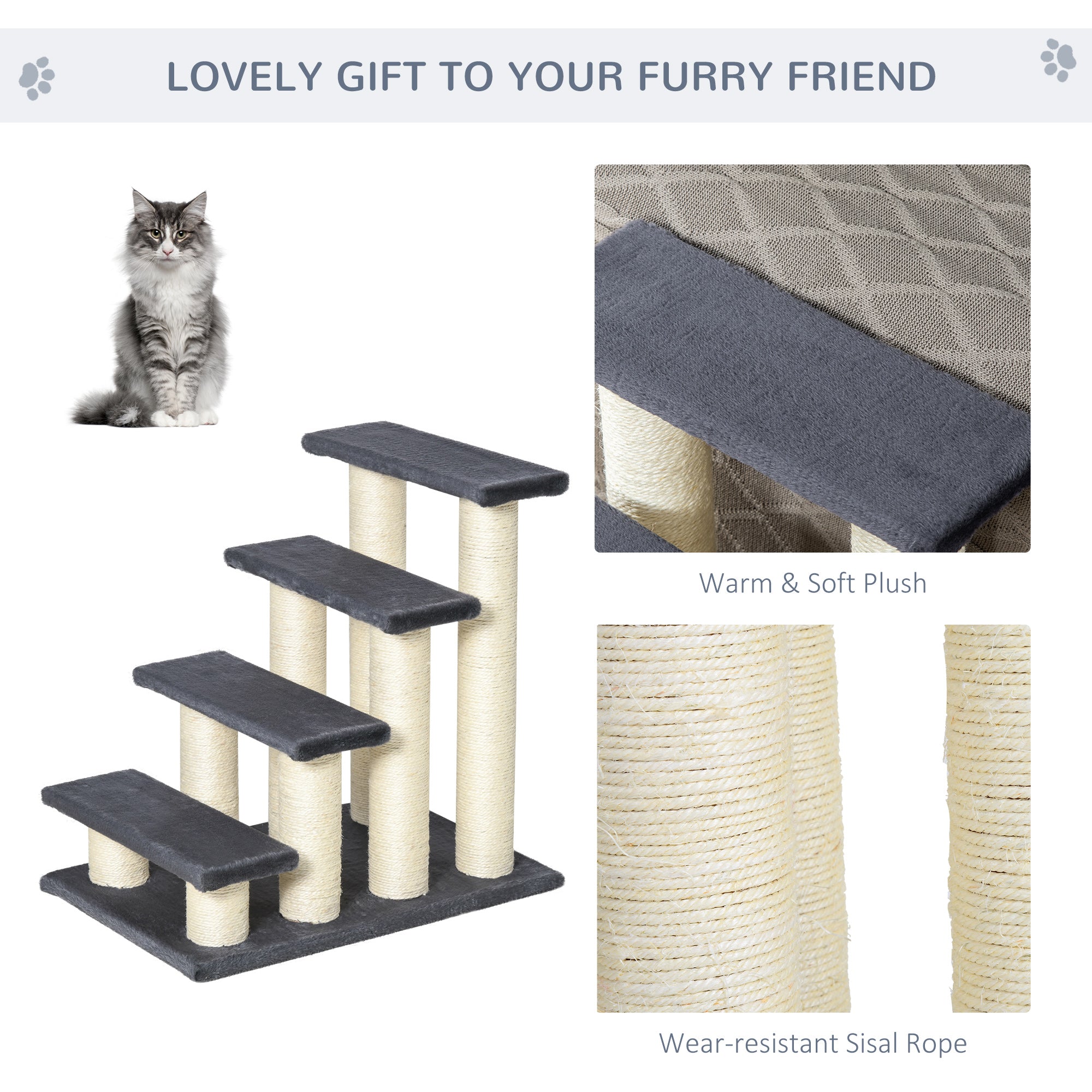pawhut-escalier-chien-chat-4-marches-avec-griffoirs-gris image 6