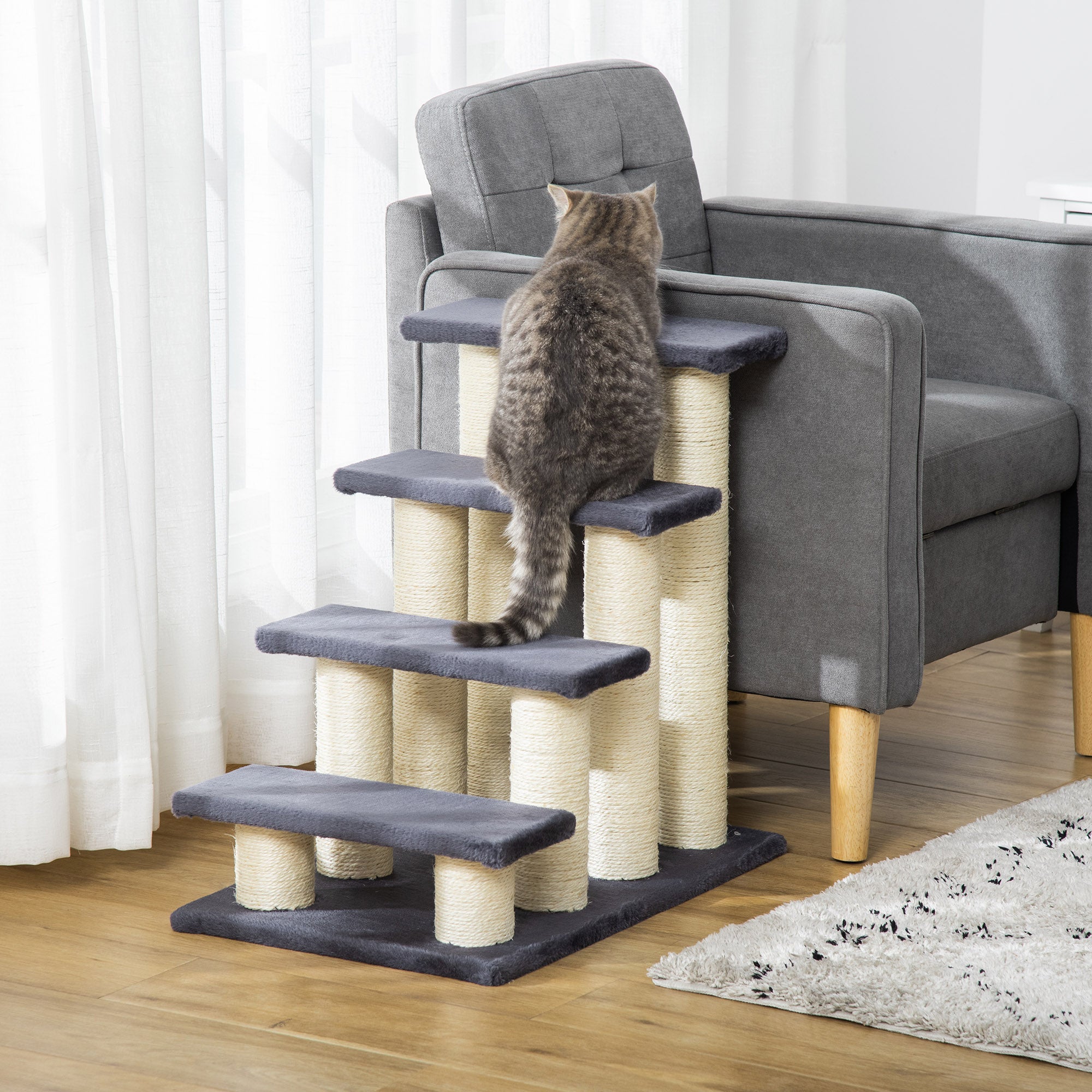 pawhut-escalier-chien-chat-4-marches-avec-griffoirs-gris image 3