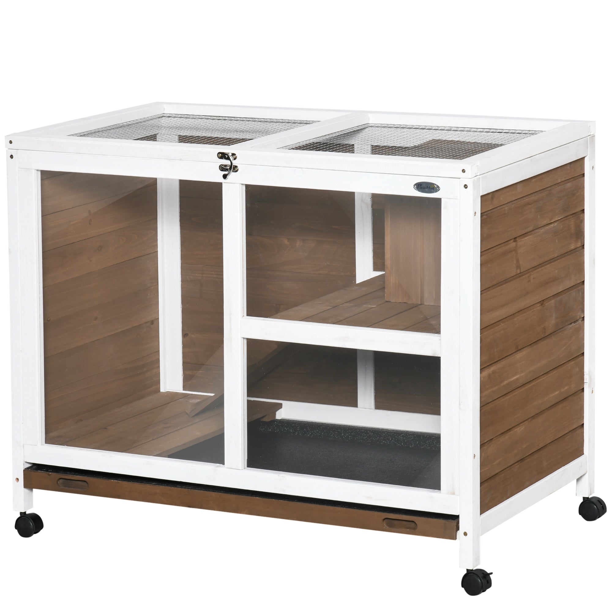 pawhut-cage-mobile-en-bois-2-tages-pour-petit-animal-avec-toit-ouvrant-marron image 2