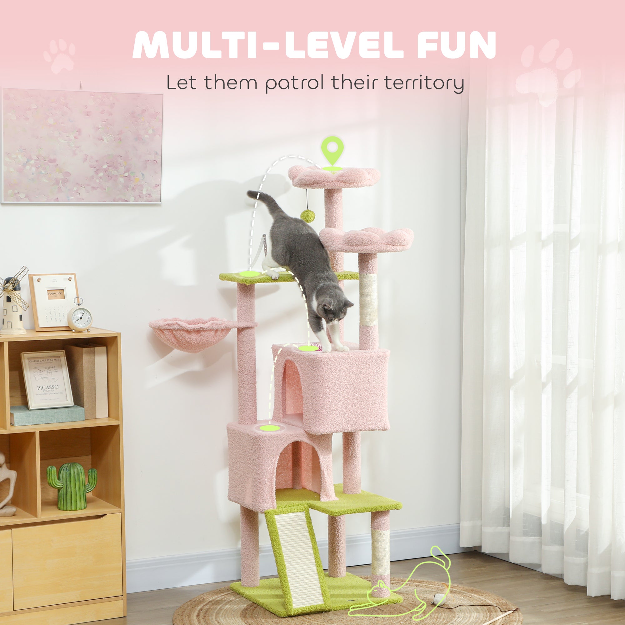 pawhut-arbre-chat-fleur-157-cm-62-2-niches-2-couches-et-hamac-rose image 6