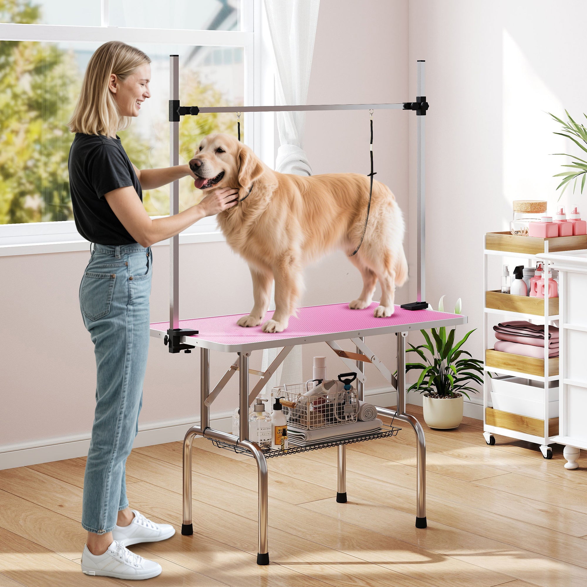 pawhut-table-de-toilettage-pliable-rose-107-x-60-x-164-cm-plateau-antid-rapant-j image 3
