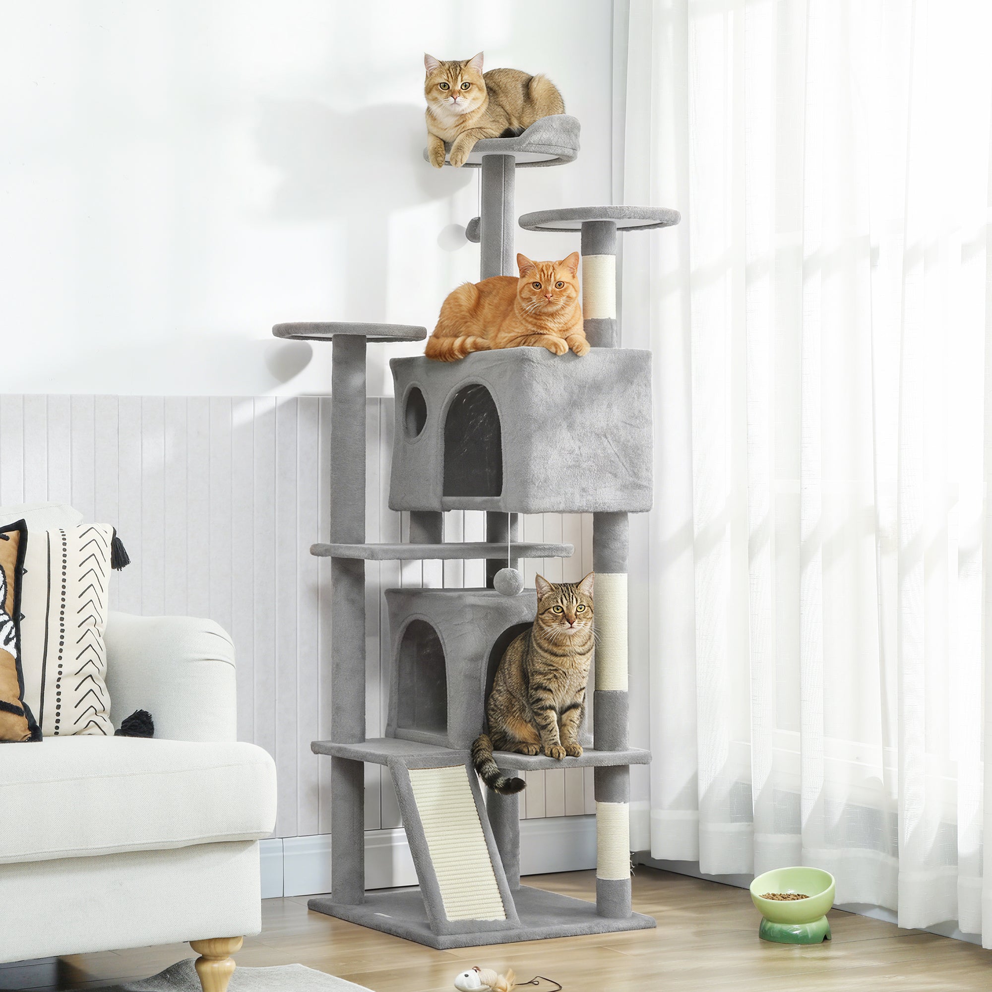 pawhut-arbre-chat-63-avec-condos-lit-rampe-et-griffoir-gris-clair image 3