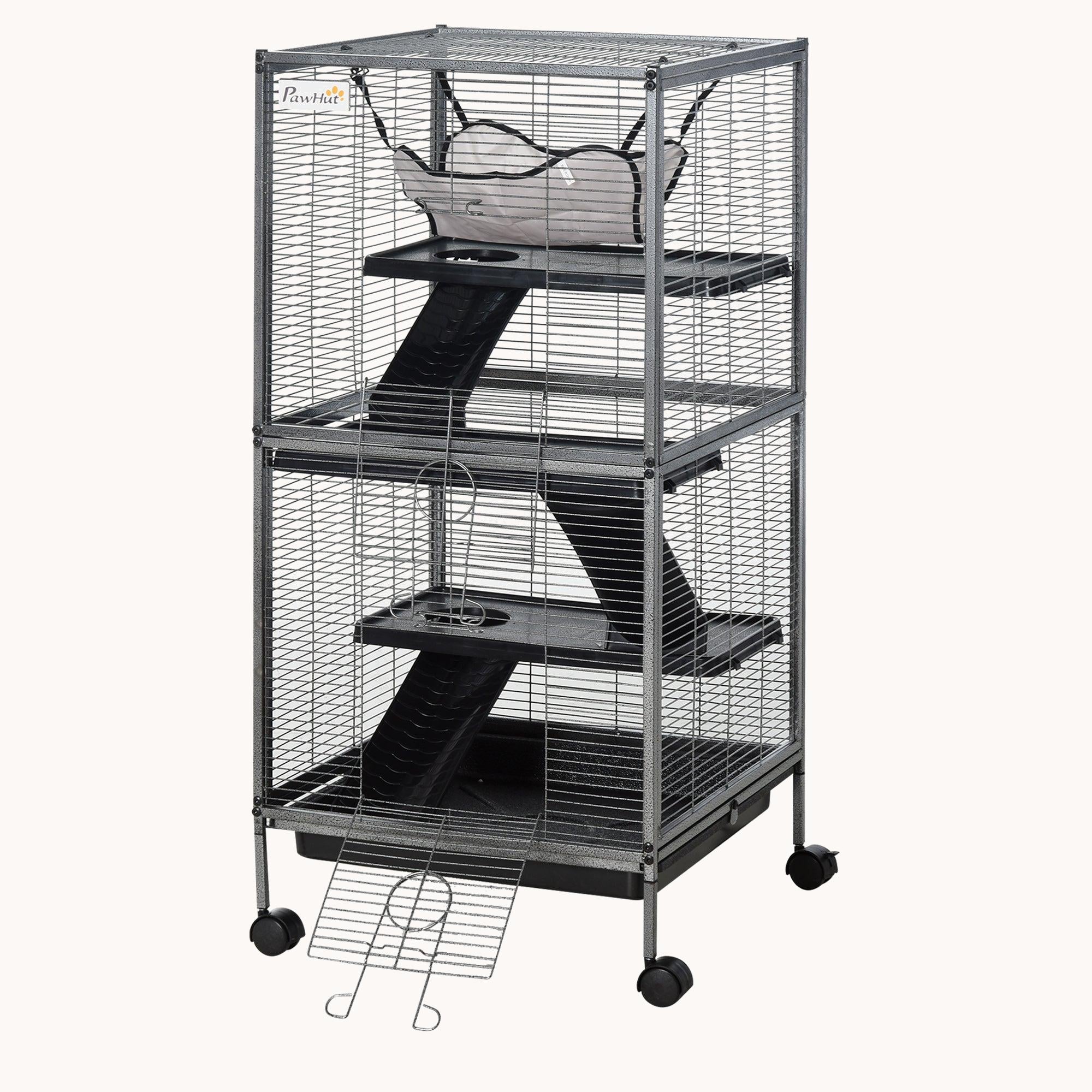 pawhut-cage-petits-animaux-4-tages-roulettes-avec-hamac-et-bac-gris image 3