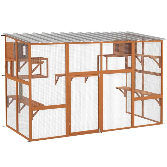pawhut-catio-enclos-ext-rieur-walk-in-orange-avec-plateformes-et-condos image 1
