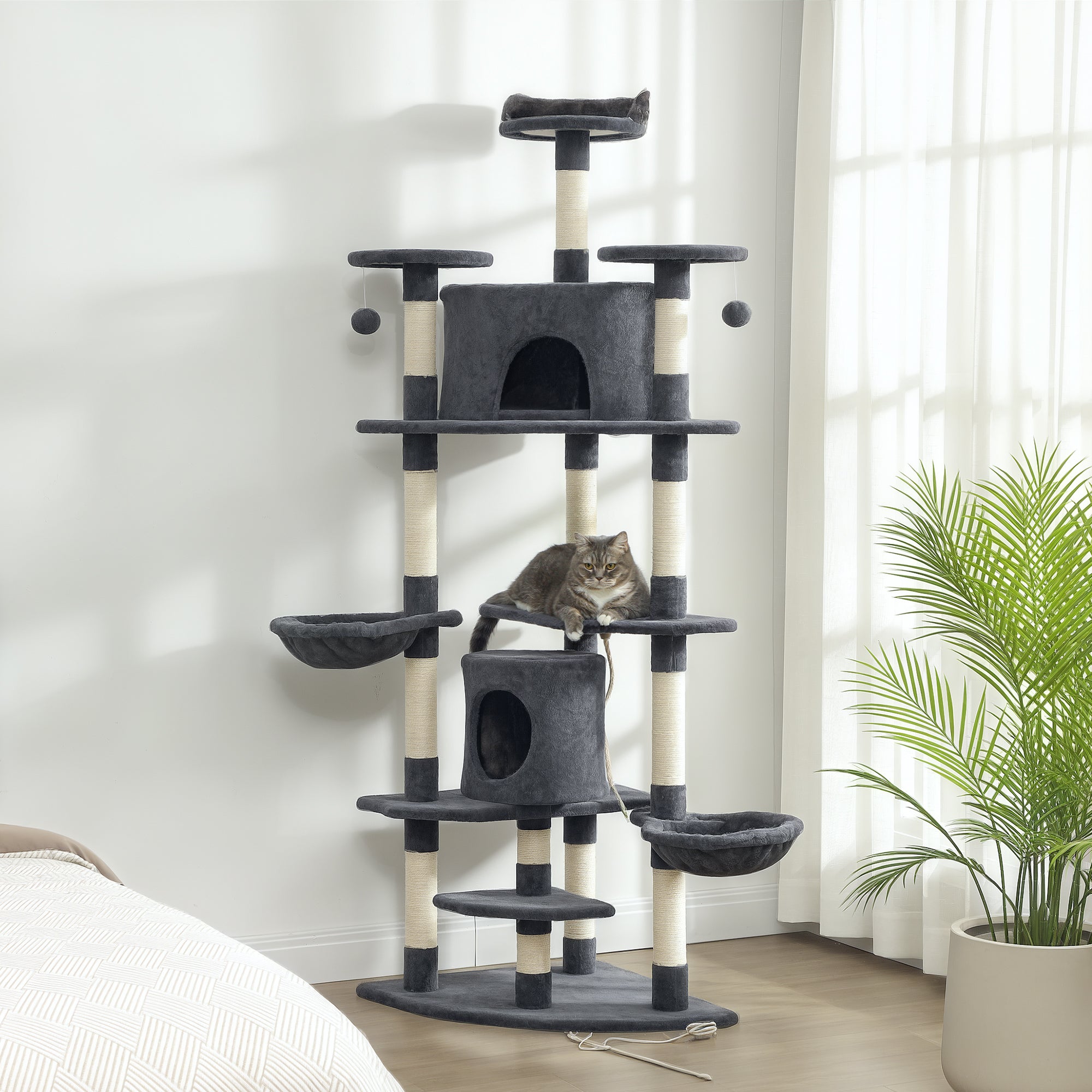 pawhut-arbre-chat-200-cm-avec-niche-2-hamacs-et-griffoirs-gris-fonc image 3