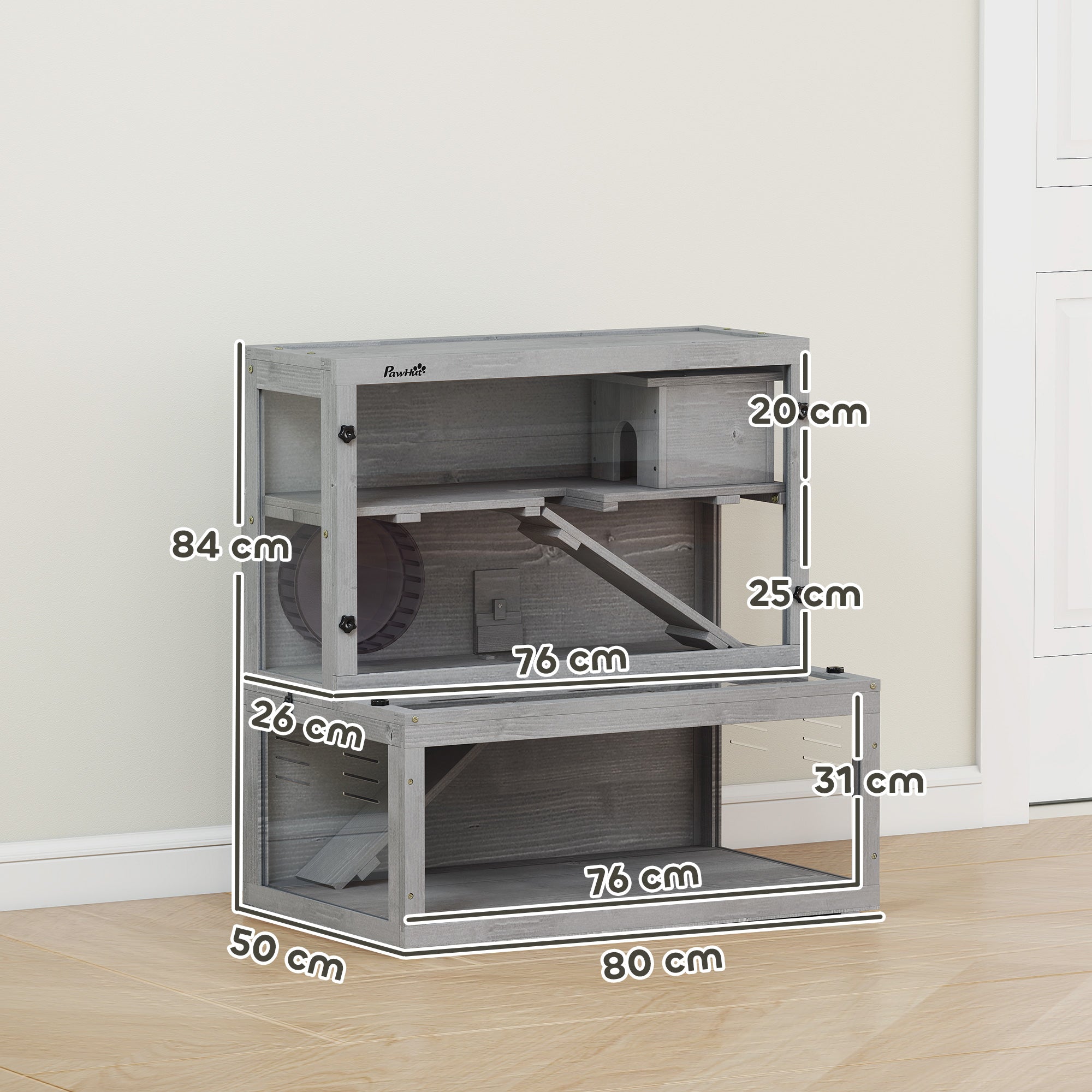pawhut-cage-hamster-3-niveaux-bois-de-sapin-panneau-transparent-gris image 5