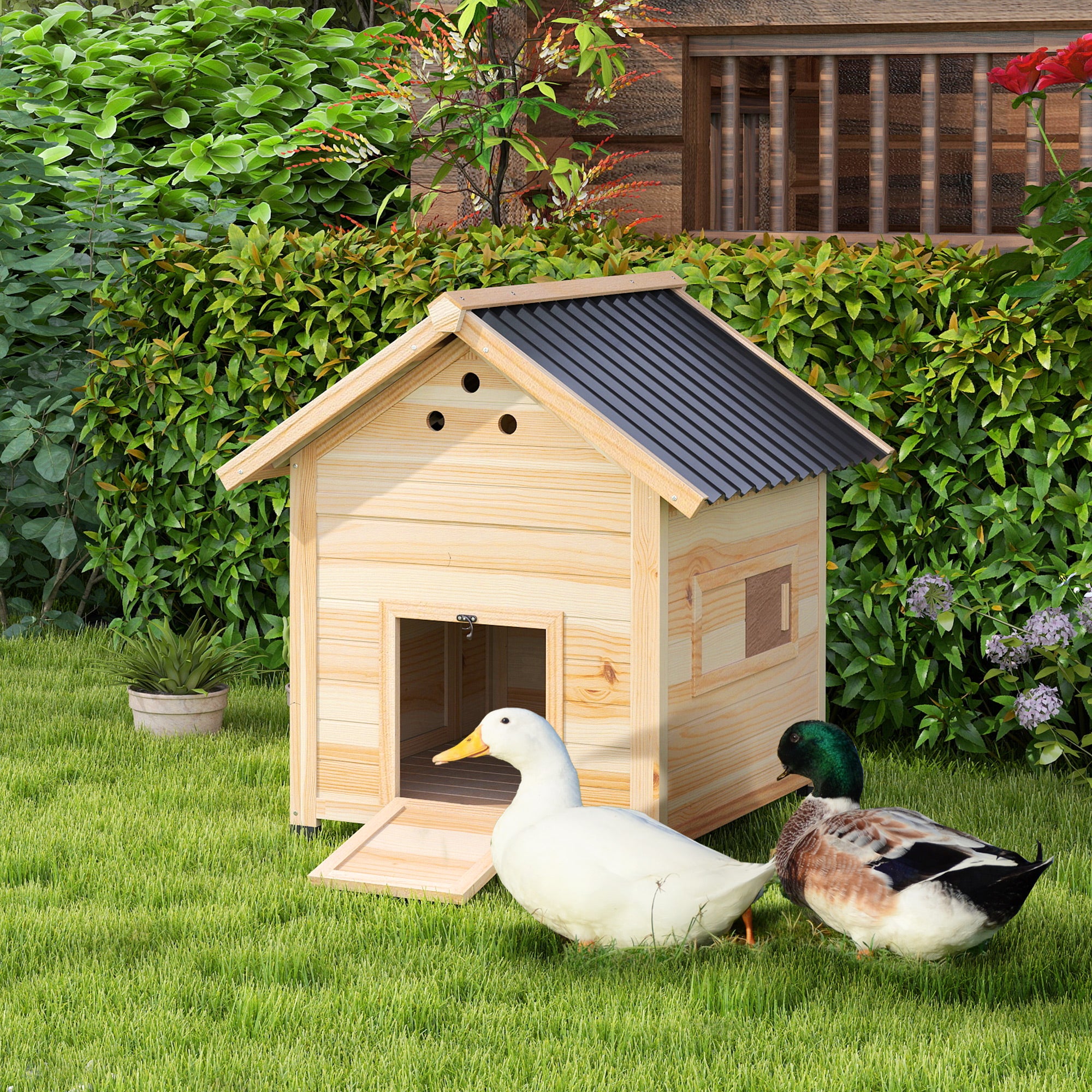 pawhut-maison-pour-canards-en-bois-naturel-avec-toit-ouvrant image 3