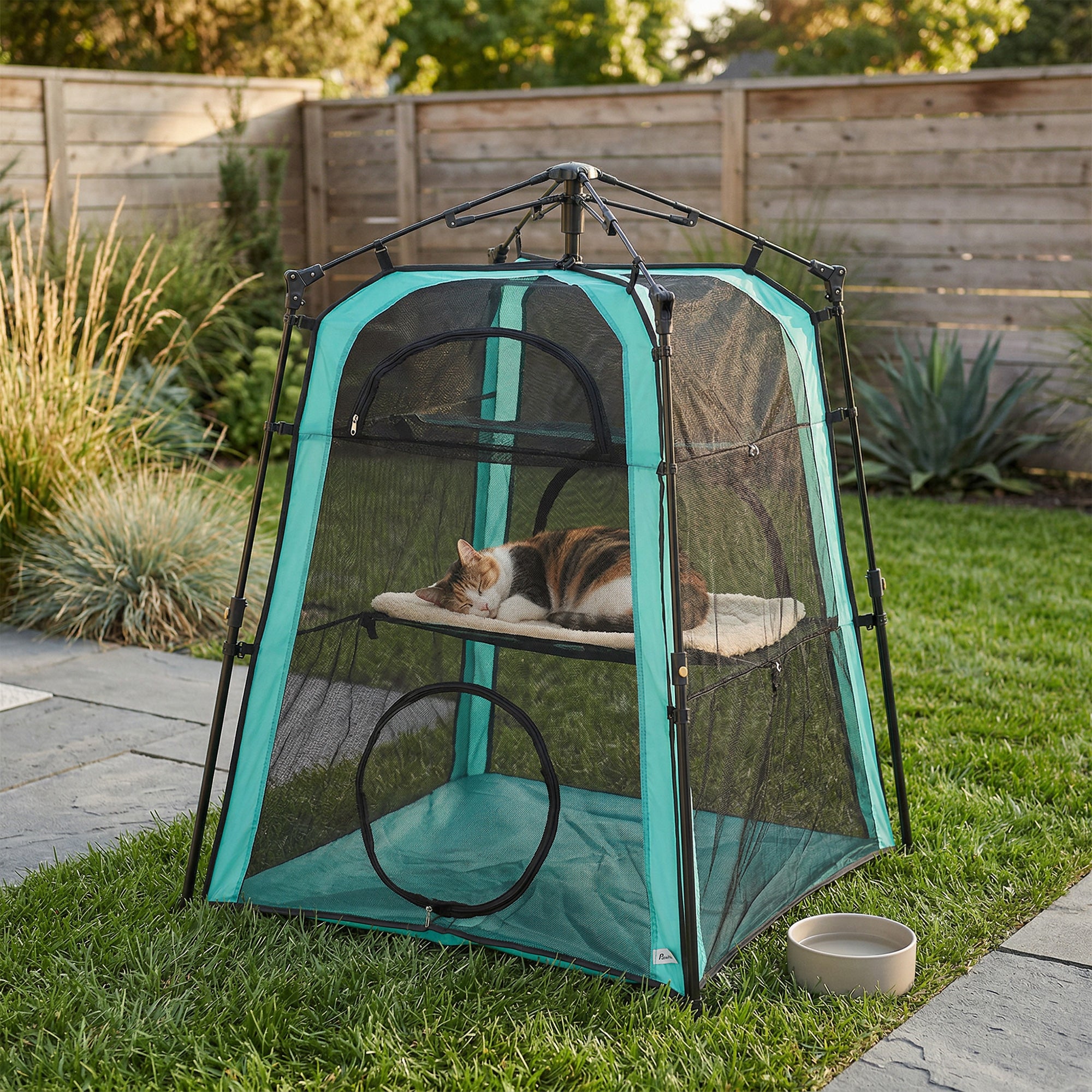 pawhut-tente-pour-chat-3-niveaux-portable-avec-maille-respirante-vert-137-cm image 3