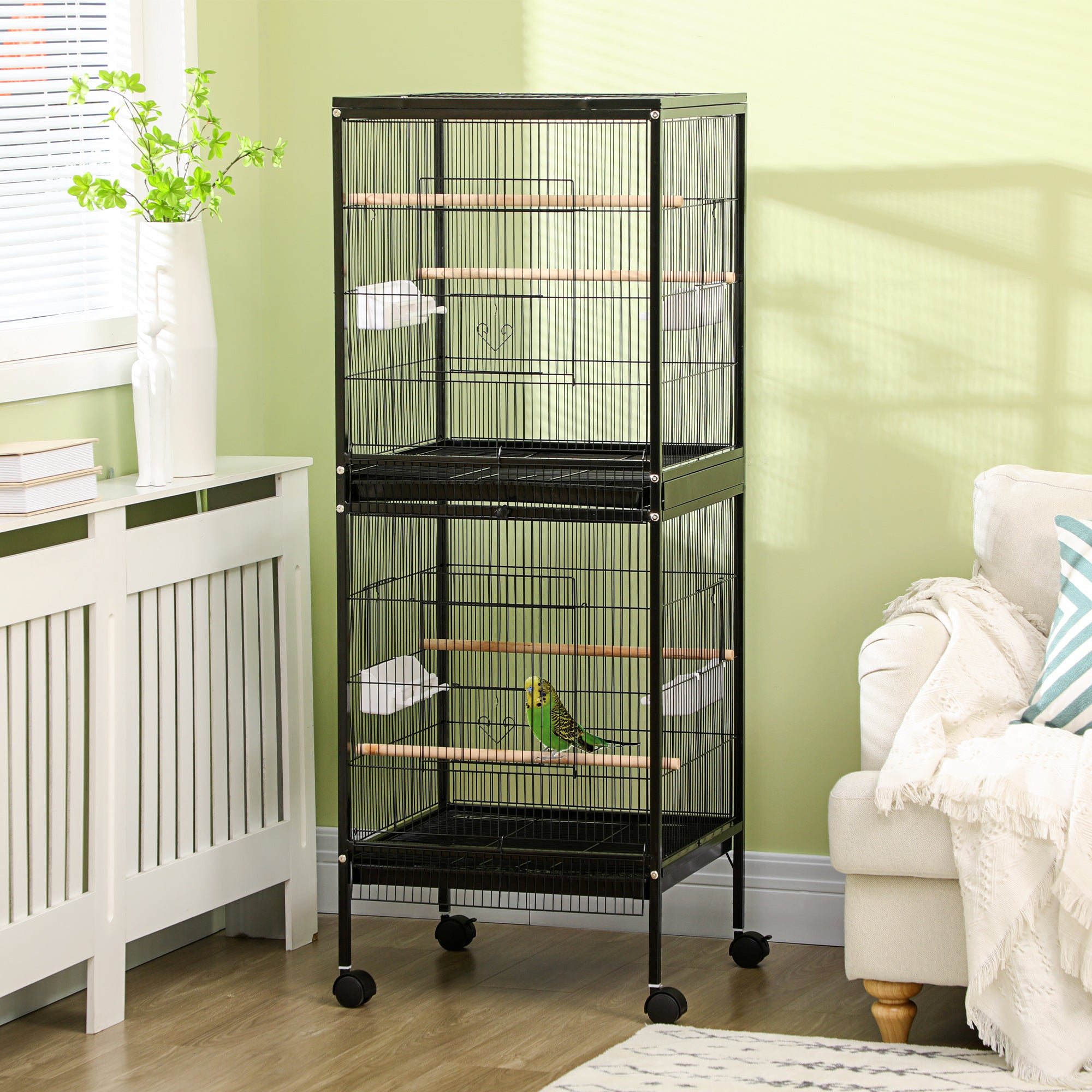 pawhut-cage-oiseaux-2-en-1-convertible-avec-plateaux-faciles-nettoyer-noir image 4
