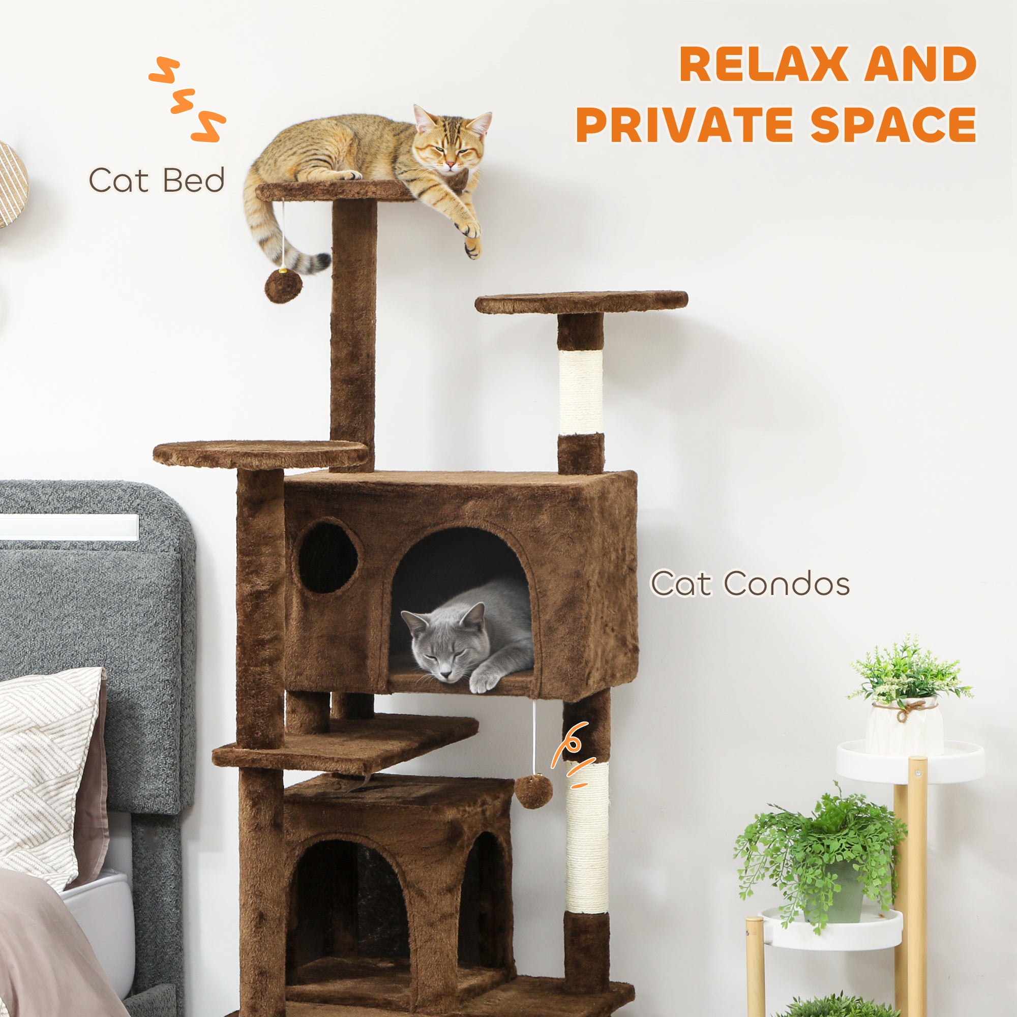 pawhut-arbre-chat-160-cm-avec-2-niches-lit-rampe-et-griffoirs-marron-clair image 7