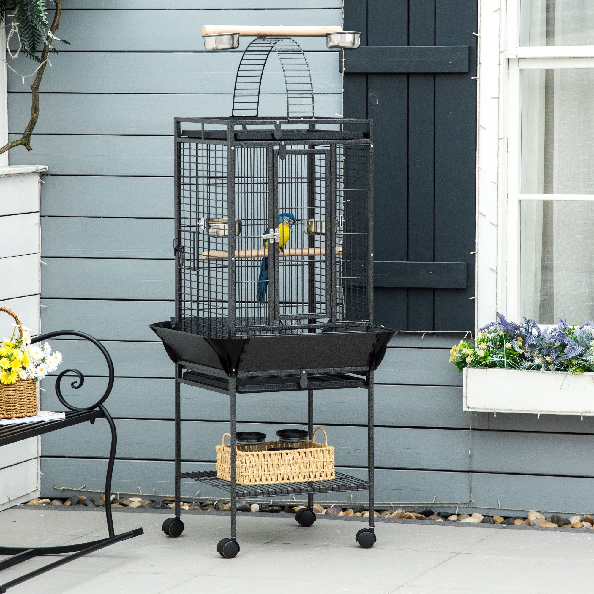 pawhut-cage-voli-re-156-cm-pour-perruche-et-conure-avec-aire-de-jeu-et-roulettes image 3