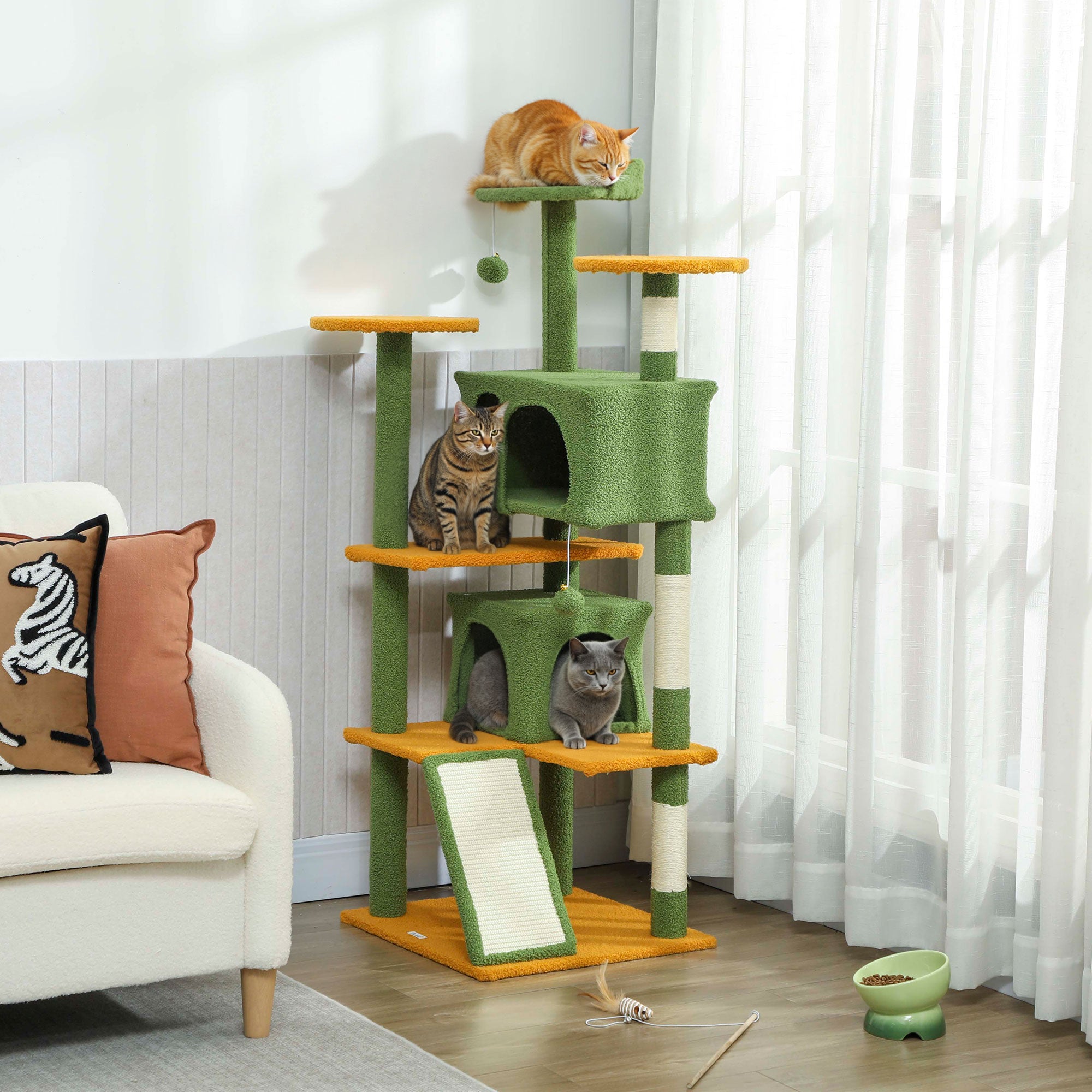 pawhut-arbre-chat-137-cm-54-vert-avec-niches-hamac-rampe-et-griffoirs-sisal image 3