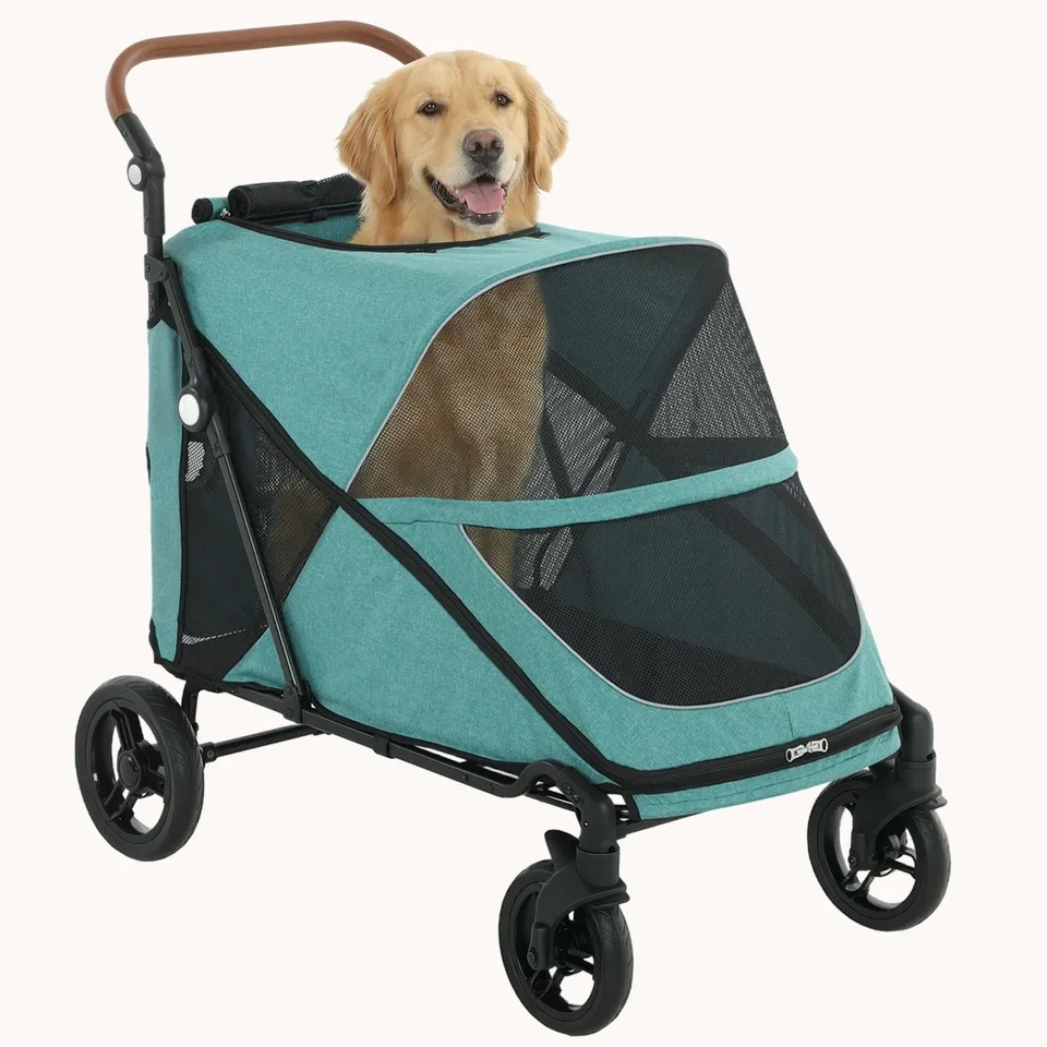 pawhut-poussette-pour-grand-chien-pliage-one-click-poign-e-r-glable-bleu image 1