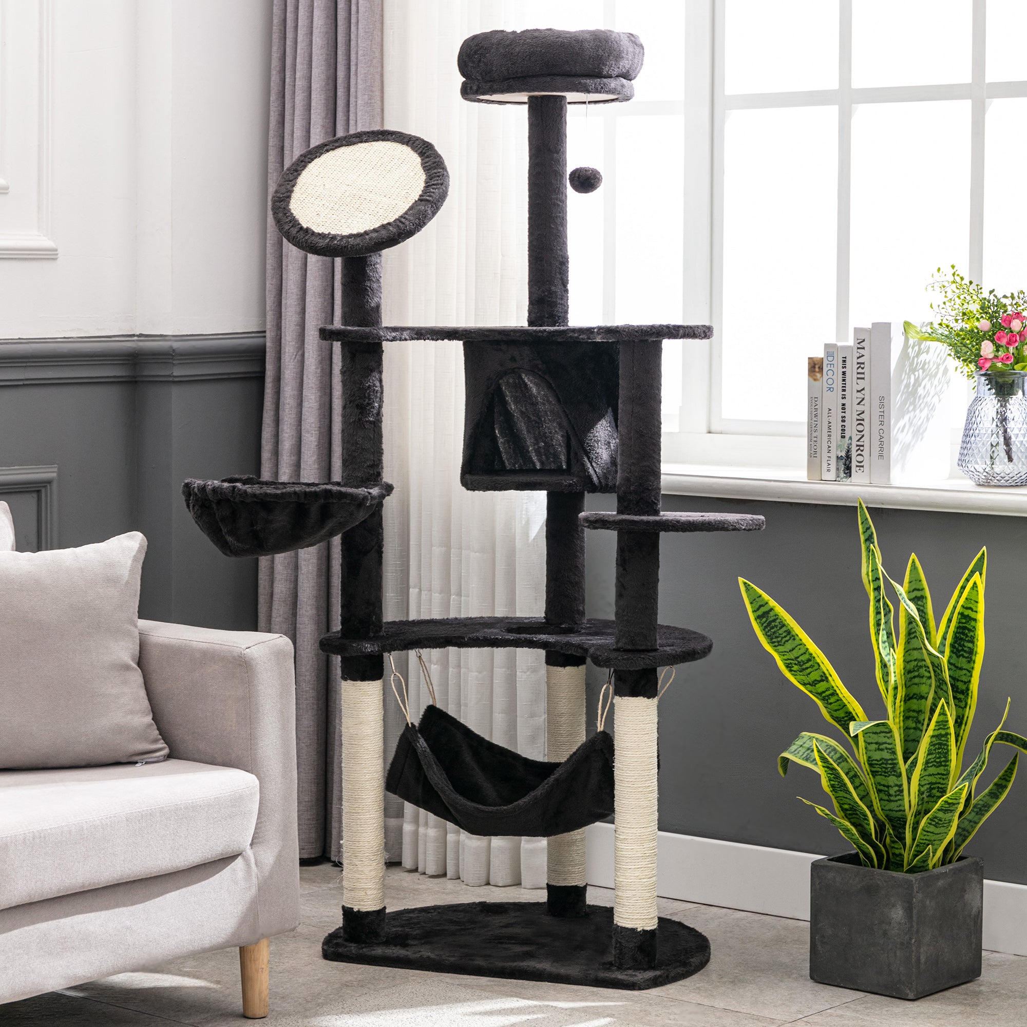 pawhut-arbre-chat-150-cm-avec-niche-2-hamacs-et-griffoirs-gris-fonc image 4