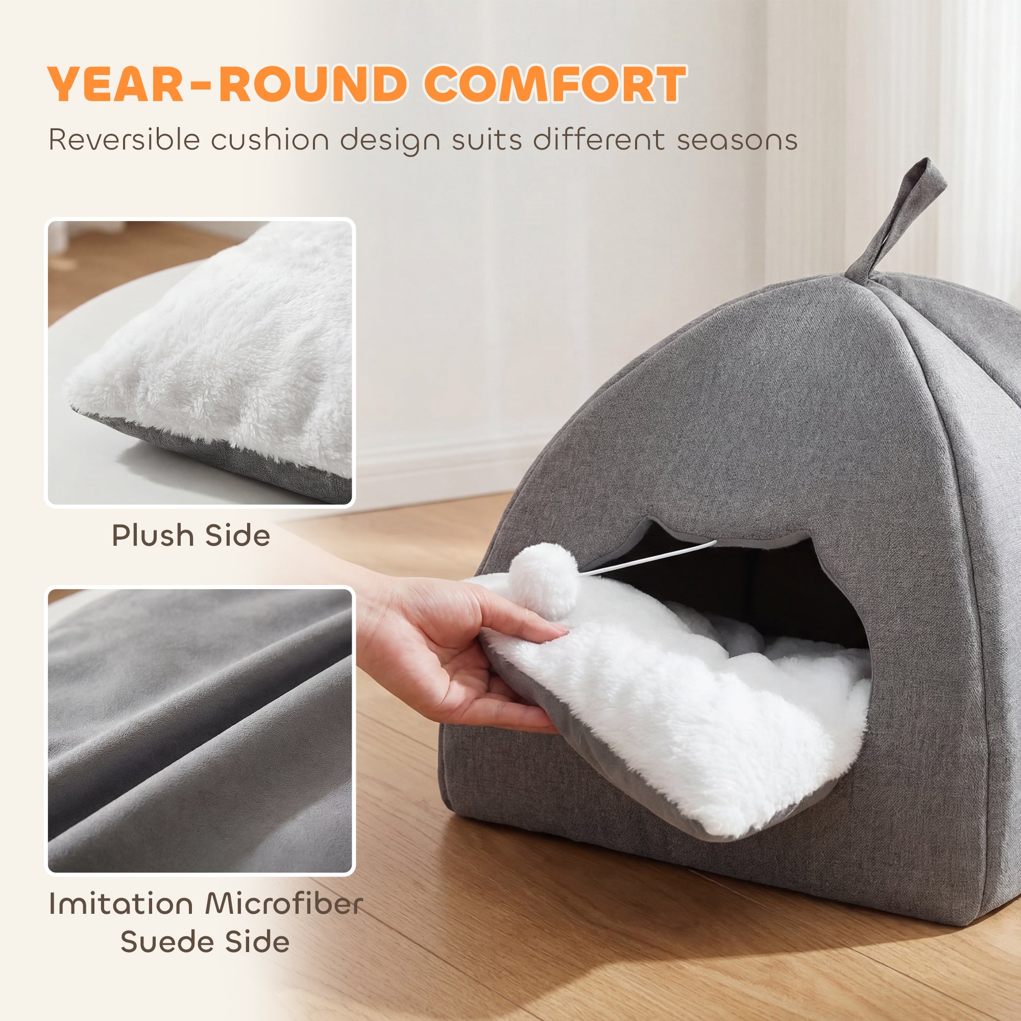 pawhut-niche-grotte-pour-chat-avec-coussin-r-versible-et-balle-42x42x39-cm-gris image 6