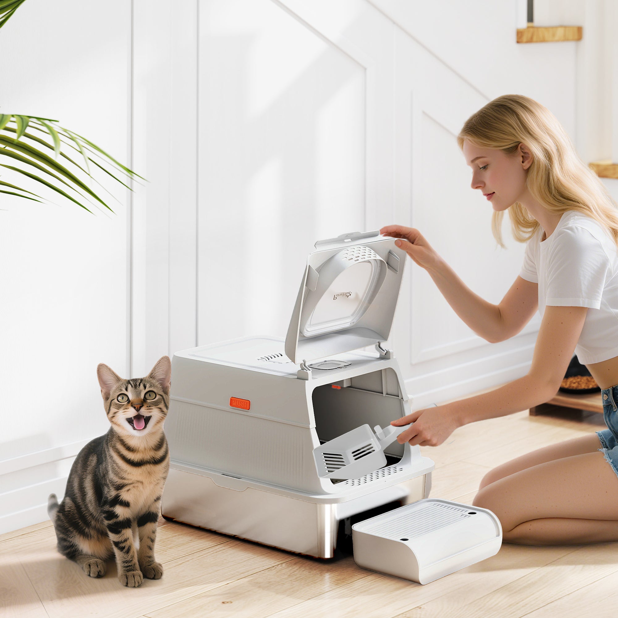 pawhut-bac-liti-re-inox-xl-avec-couvercle-p-dale-et-pelle-gris-clair image 3
