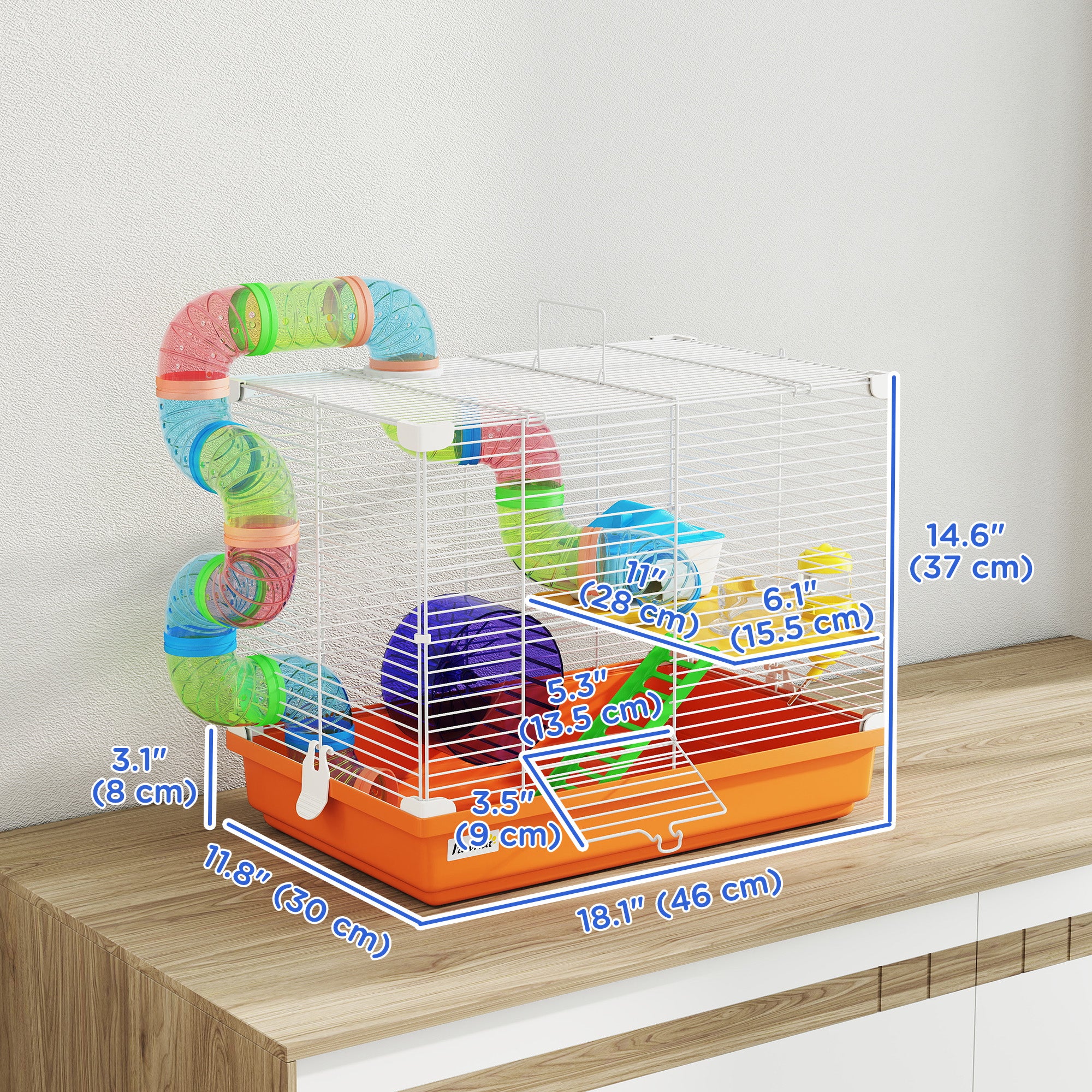 pawhut-cage-hamster-18-2-niveaux-avec-tubes-et-accessoires-orange image 5