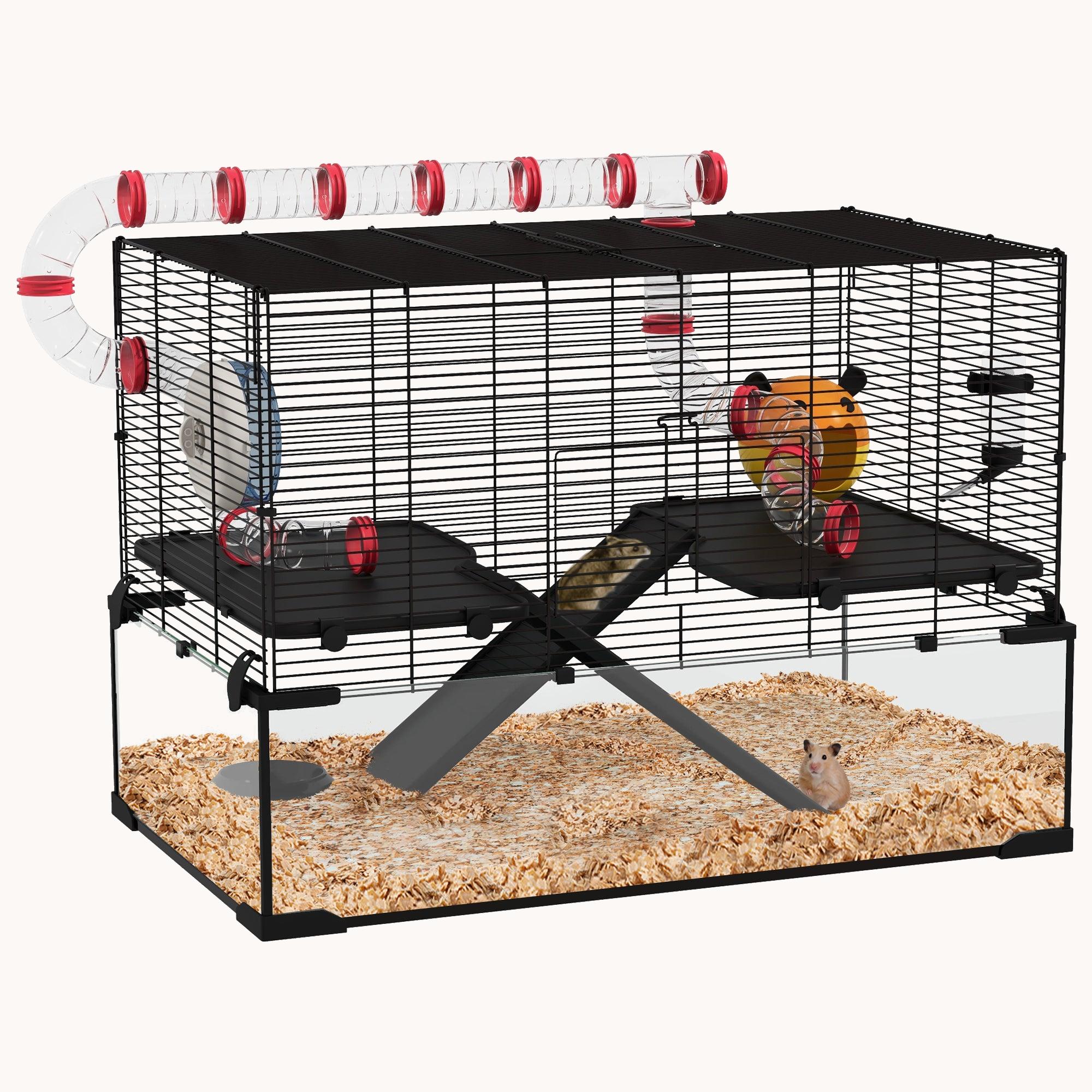 pawhut-cage-hamster-extra-large-31-avec-tunnel-base-verre-profonde-roue-et-biber image 1