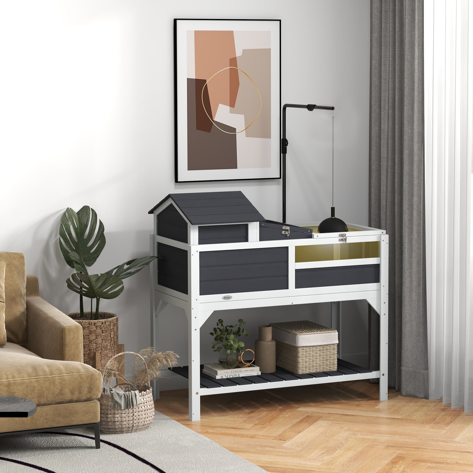 pawhut-habitat-tortue-2-niveaux-gris-avec-lampe-r-glable-et-maison-amovible image 4