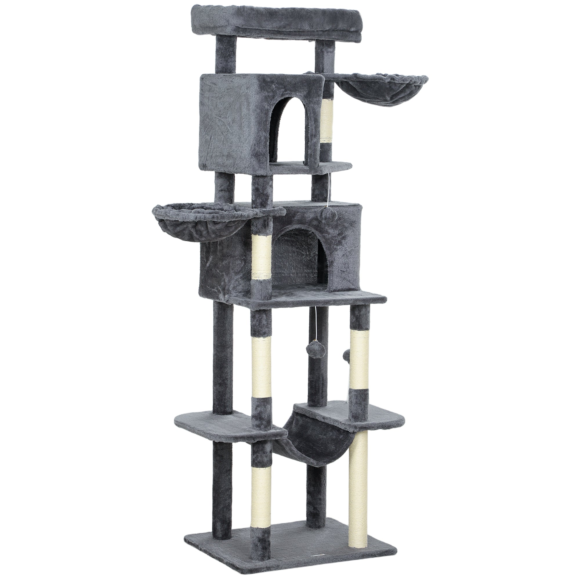 pawhut-arbre-chat-175-cm-type-tour-avec-2-niches-3-hamacs-et-perchoirs-gris-fonc image 2