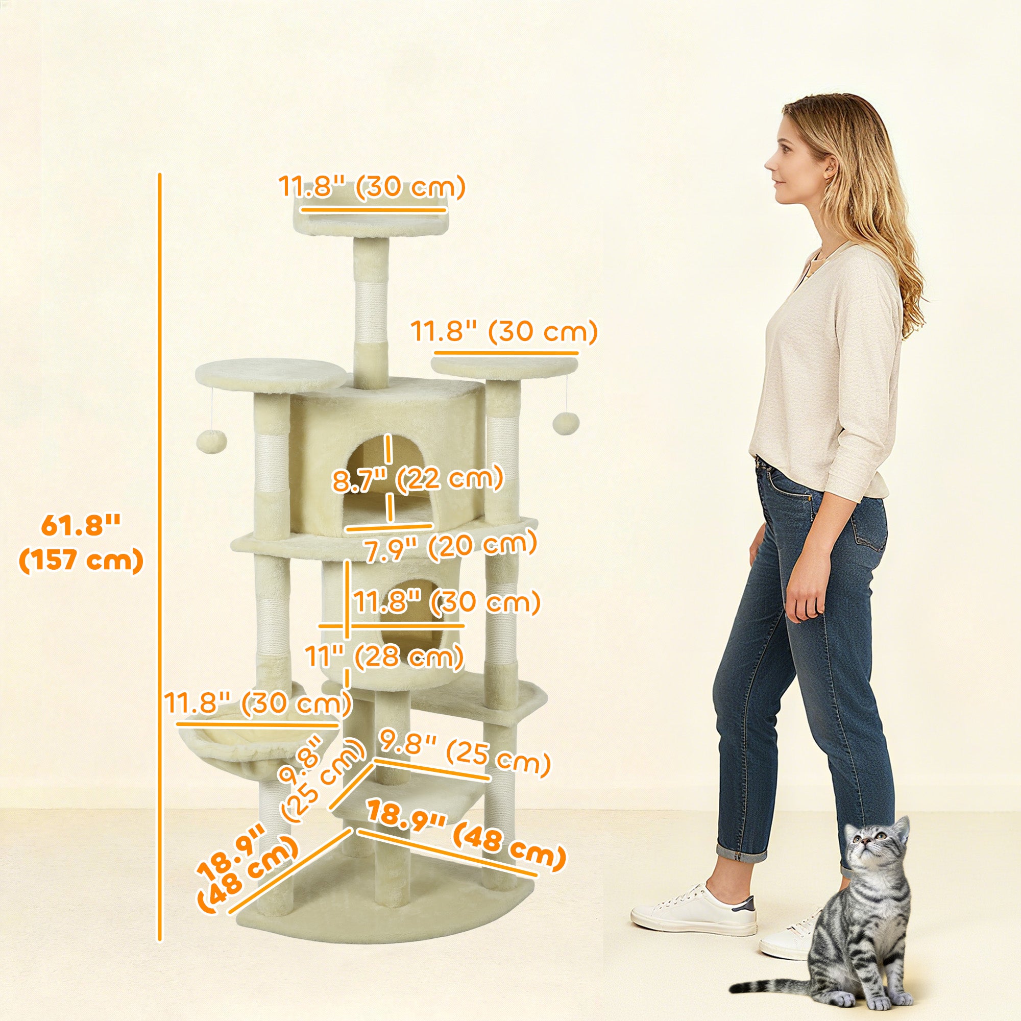 pawhut-arbre-chat-157-cm-2-niches-hamac-et-perchoirs-beige image 5