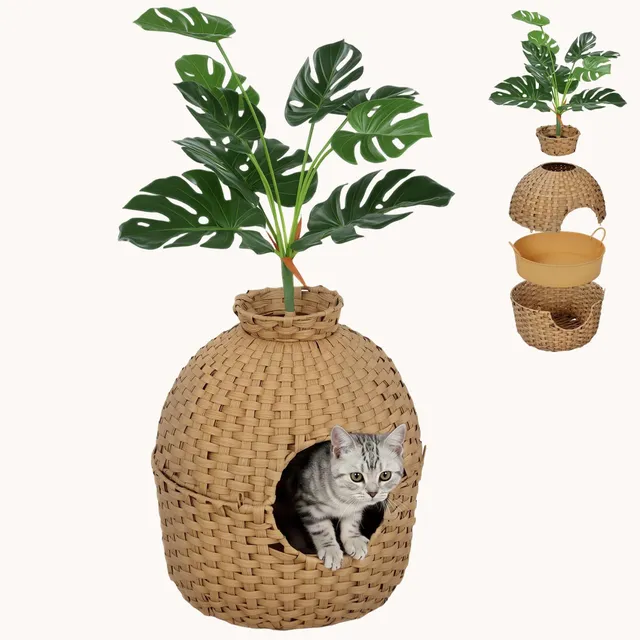 pawhut-meuble-liti-re-chat-cach-e-en-rotin-avec-plante-et-bac-inox image 1