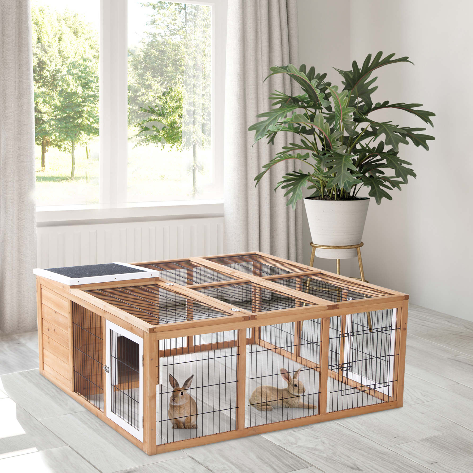 pawhut-clapier-lapin-bois-120-cm-haven-avec-parc-et-toit-ouvrant-jaune image 4