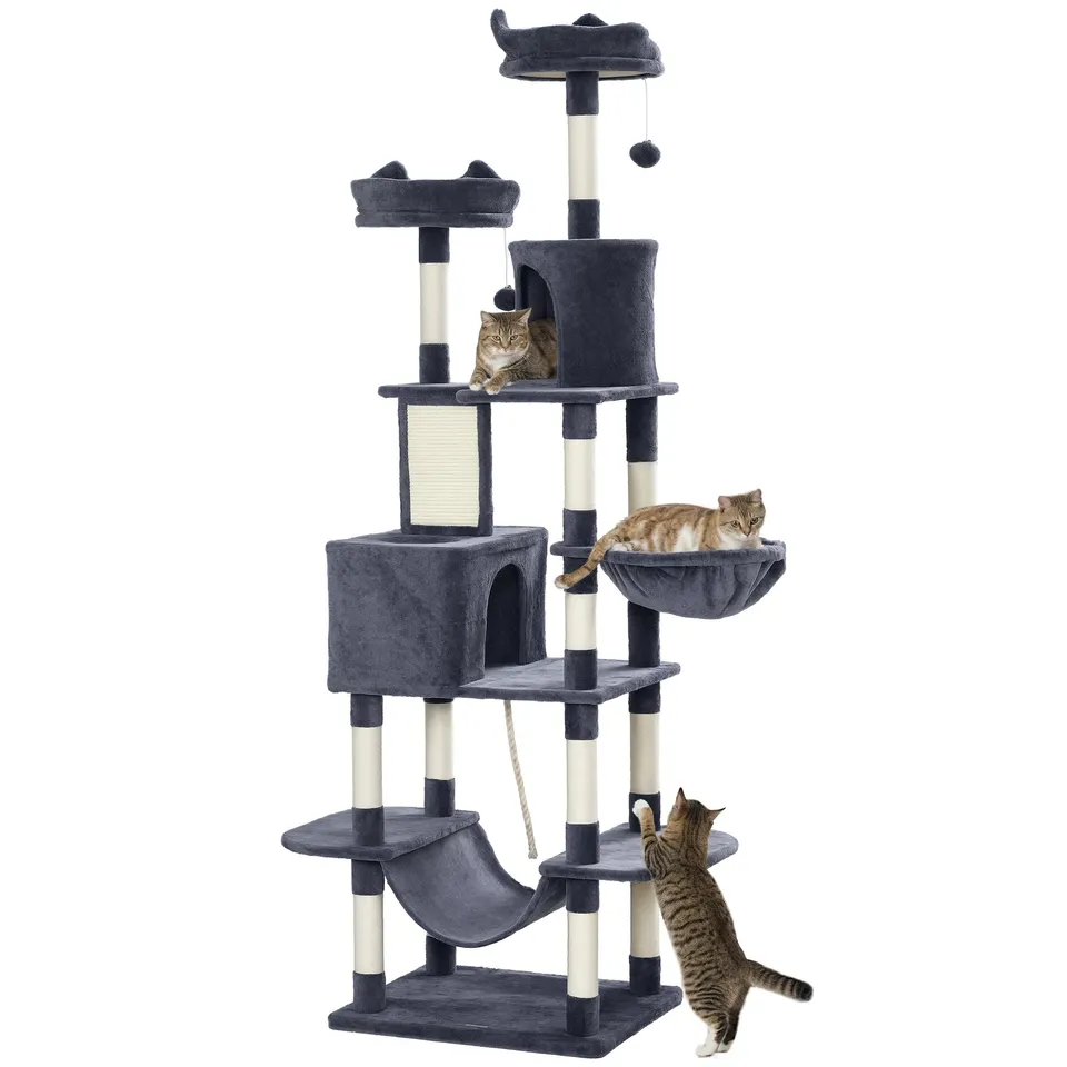 pawhut-arbre-chat-206-cm-multi-niveaux-avec-niches-et-griffoirs-sisal-gris-fonc image 1
