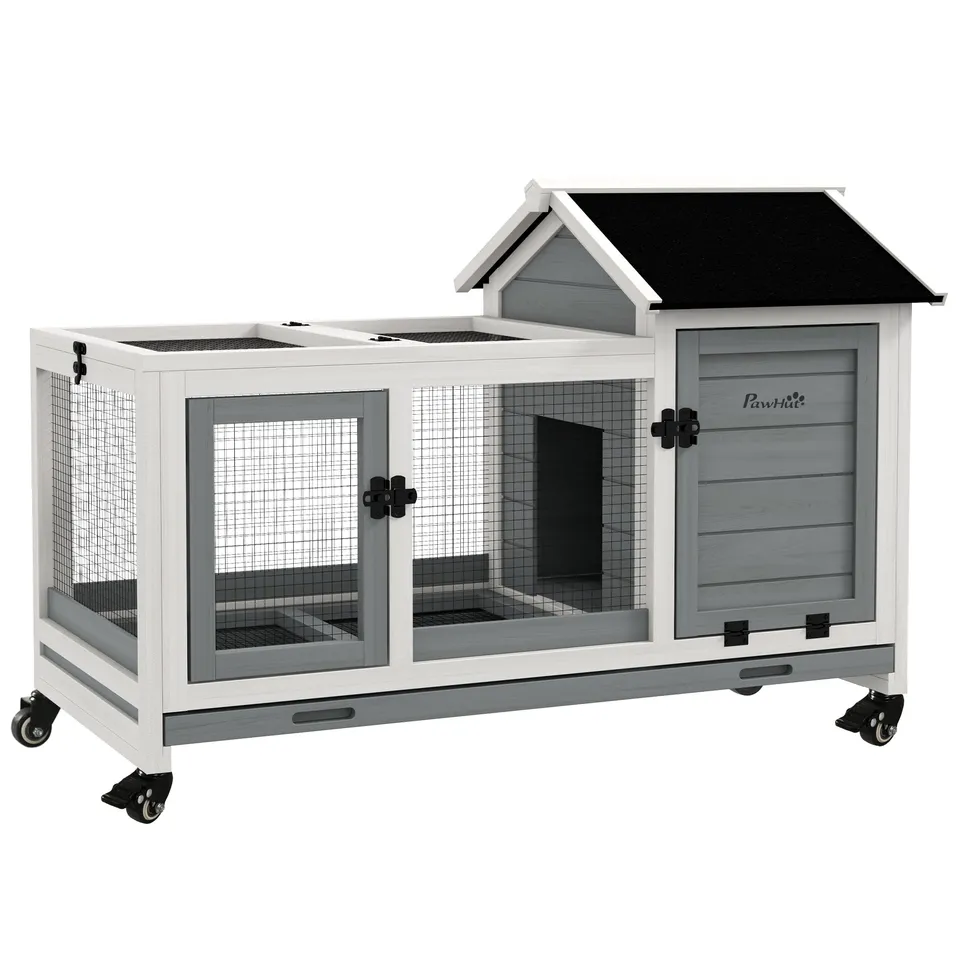 pawhut-clapier-lapins-mobile-en-bois-avec-enclos-gris image 1