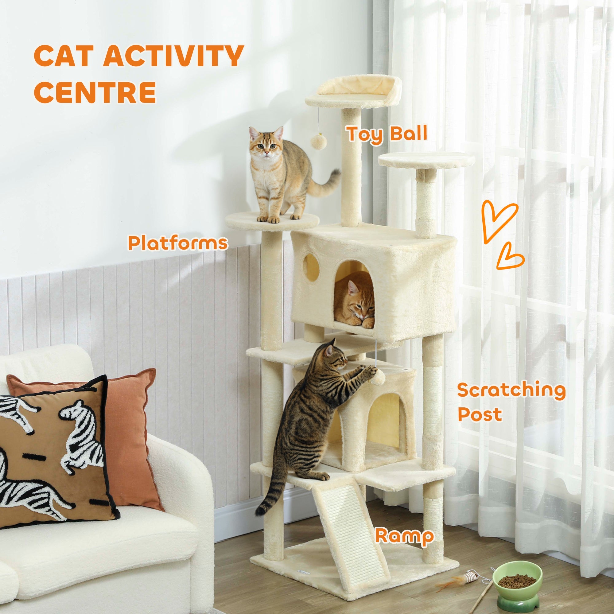 pawhut-arbre-chat-160-cm-blanc-cr-me-avec-condos-rampe-et-griffoirs image 6