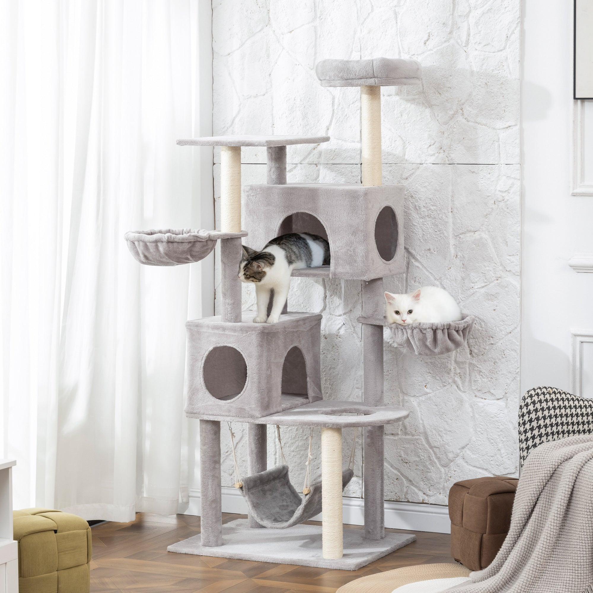pawhut-arbre-chat-66-pouces-avec-2-niches-3-hamacs-et-perchoir-sup-rieur-gris-cl image 4