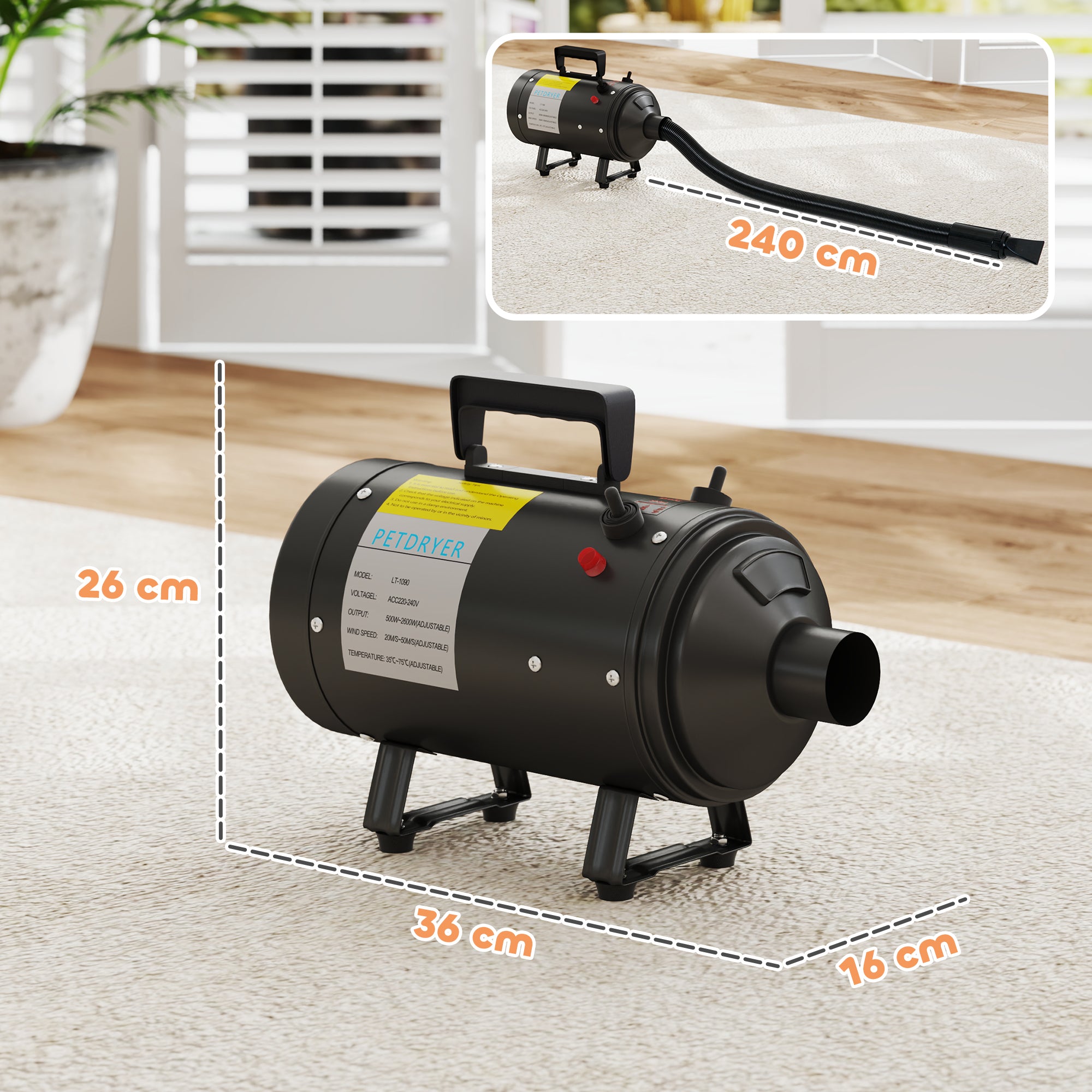 pawhut-s-che-cheveux-chien-2200w-temp-rature-et-d-bit-r-glables-3-embouts-noir image 5