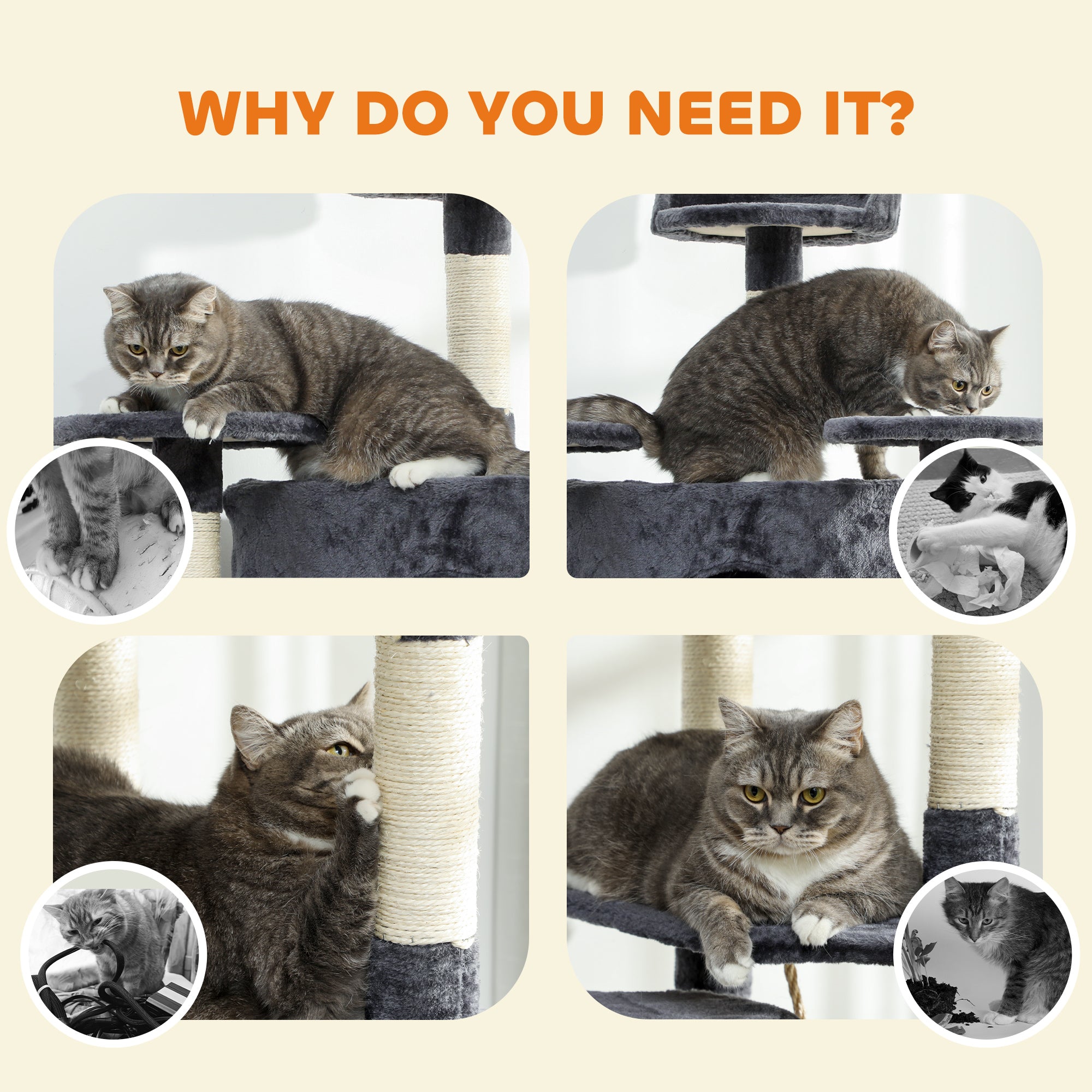 pawhut-arbre-chat-200-cm-avec-niche-2-hamacs-et-griffoirs-gris-fonc image 8