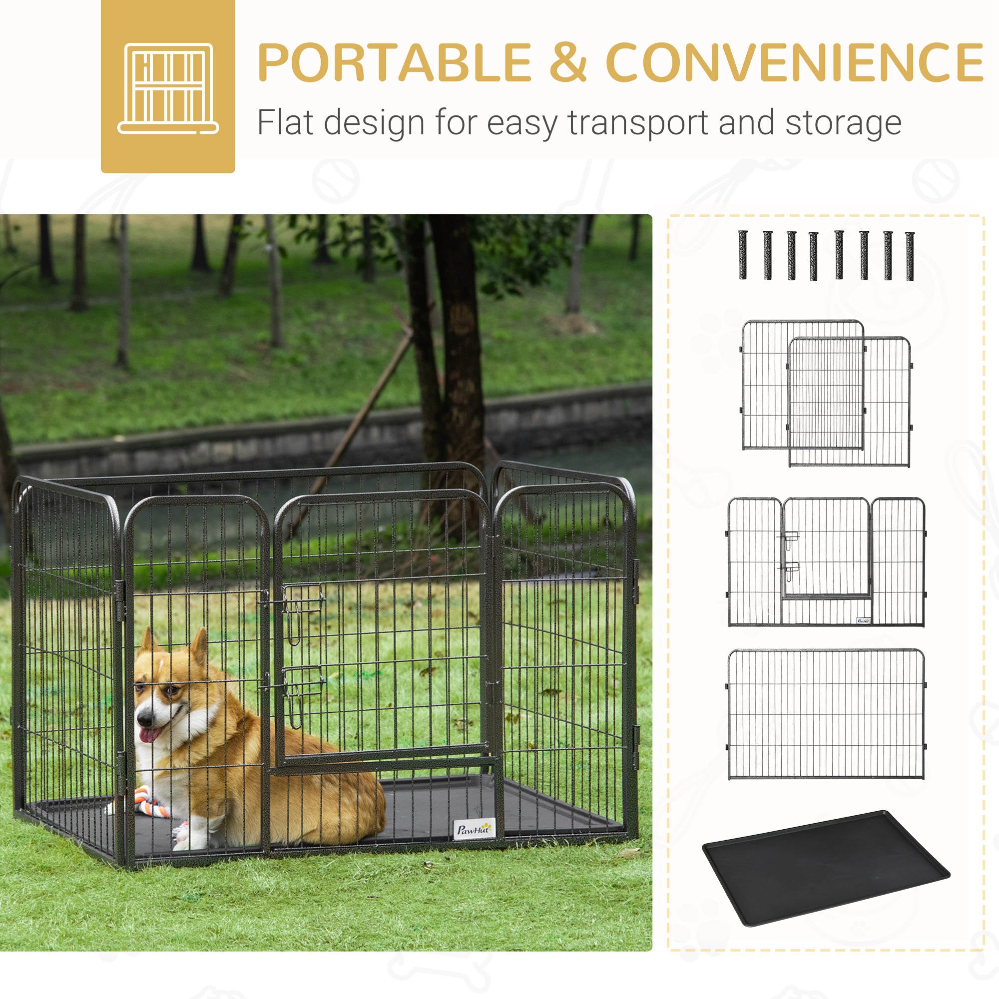 pawhut-parc-pour-chiens-4-panneaux-avec-porte-et-plateau-int-rieur-ext-rieur-gri image 7
