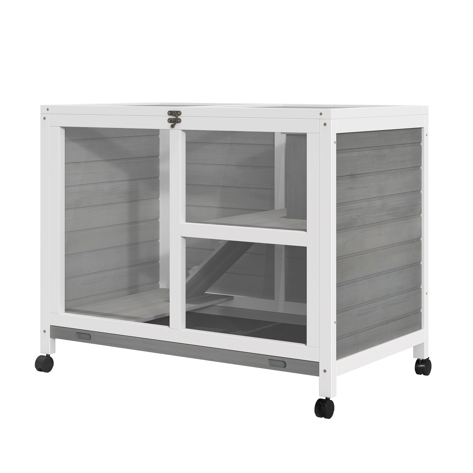 pawhut-cage-2-tages-en-bois-roulettes-pour-petits-animaux-gris image 2