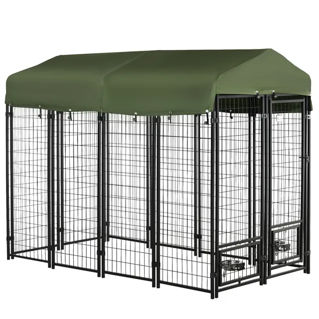 pawhut-chenil-ext-rieur-acier-avec-auvent-et-gamelles-rotatives-vert image 1