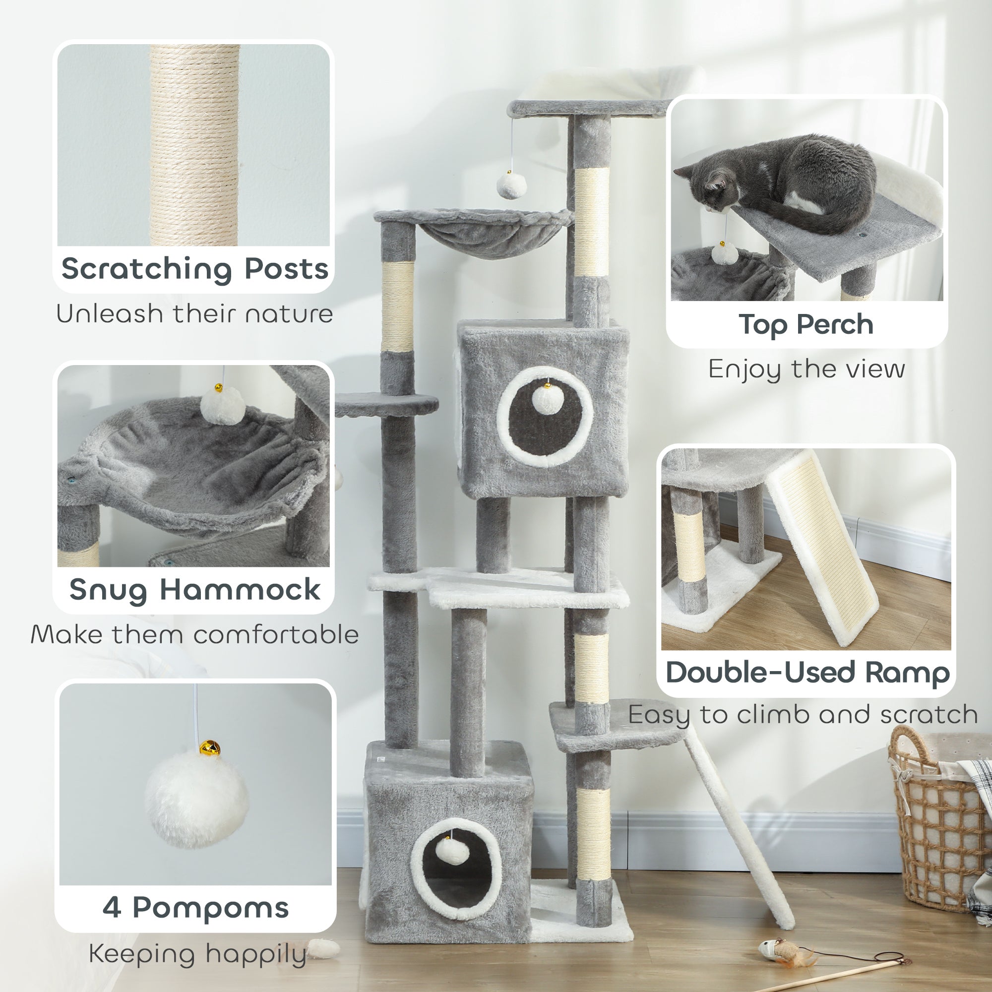 pawhut-arbre-chat-gris-165-cm-avec-2-niches-hamac-rampe-et-perchoir image 8