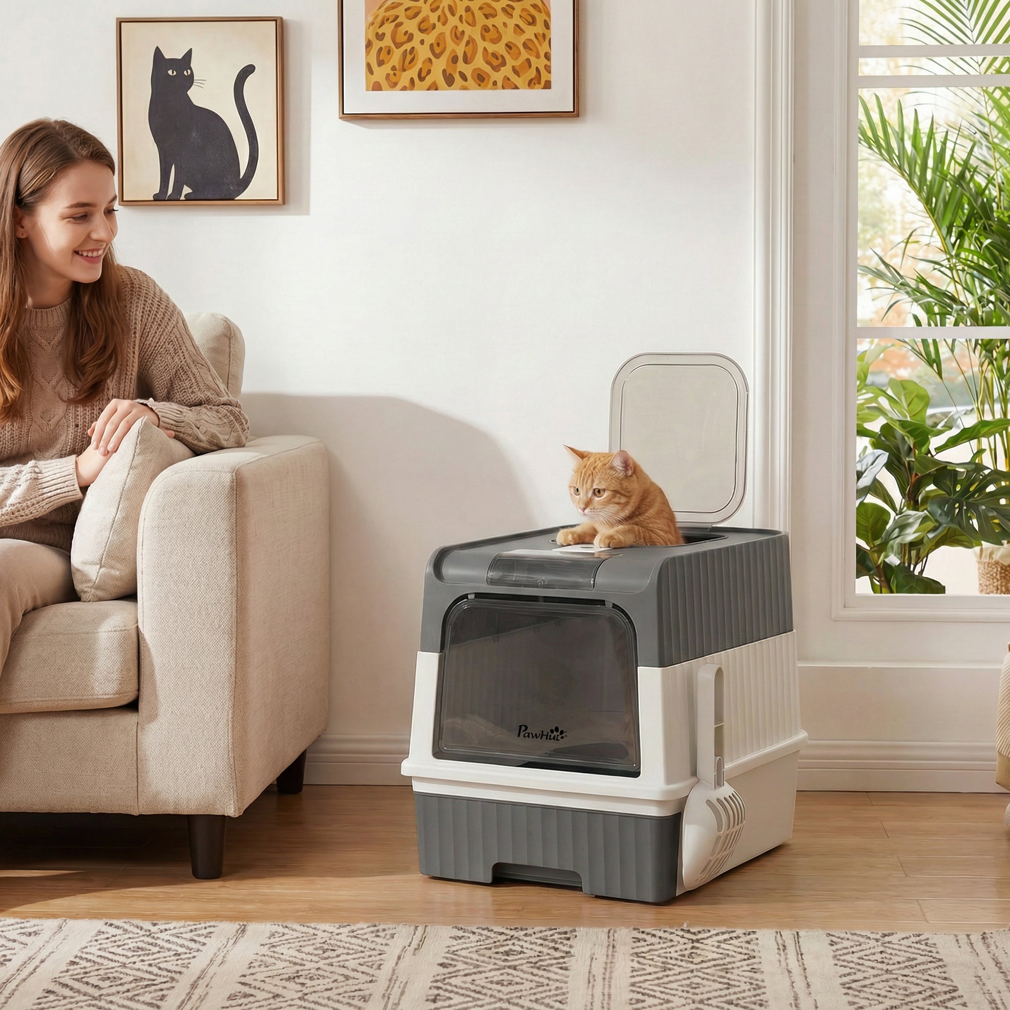 pawhut-bac-liti-re-pour-chat-ferm-avec-tiroir-pelle-et-sortie-sup-rieure-gris image 3