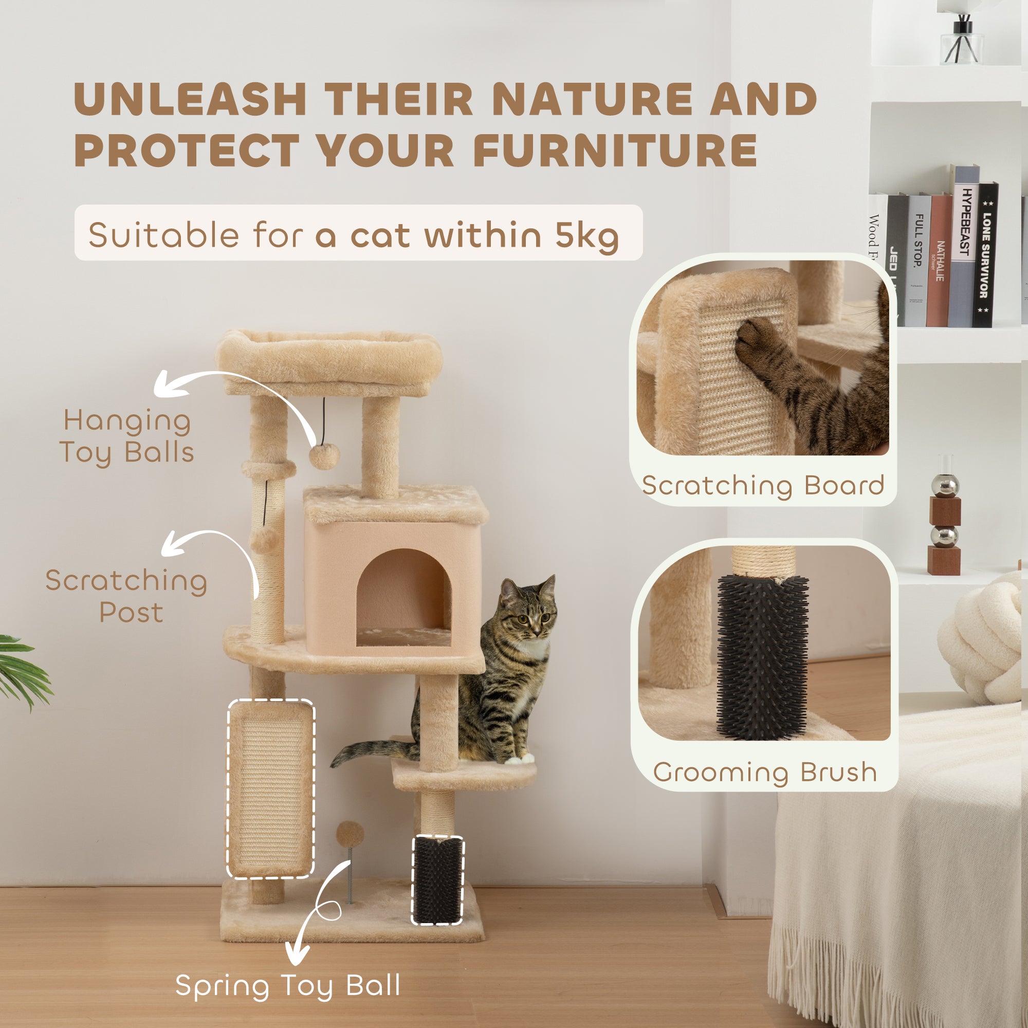 pawhut-arbre-chat-41-avec-niche-couchage-griffoirs-et-brosse-beige image 7