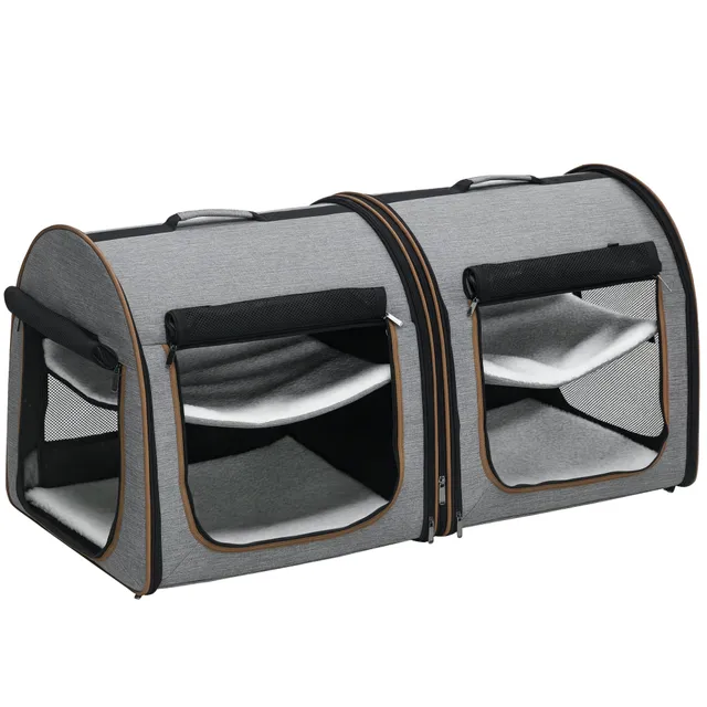 pawhut-sac-de-transport-double-pour-animaux-avec-s-parateur-et-coussins-gris image 1
