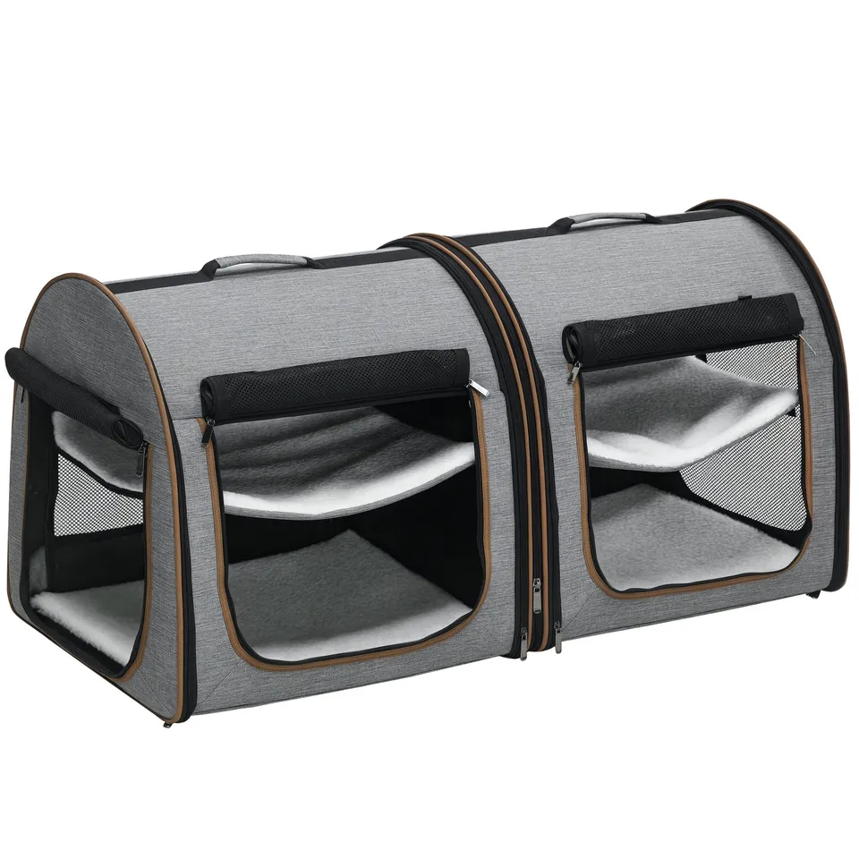 pawhut-sac-de-transport-double-pour-animaux-avec-s-parateur-et-coussins-gris image 1
