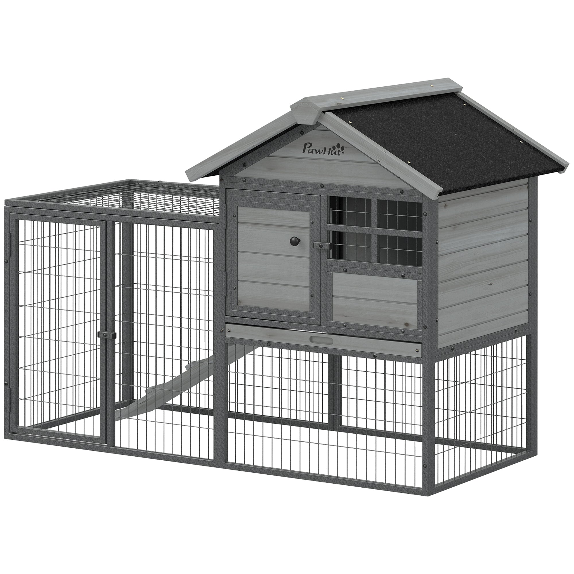 pawhut-clapier-ext-rieur-48-avec-parc-toit-asphalte-et-bac-amovible-gris image 2