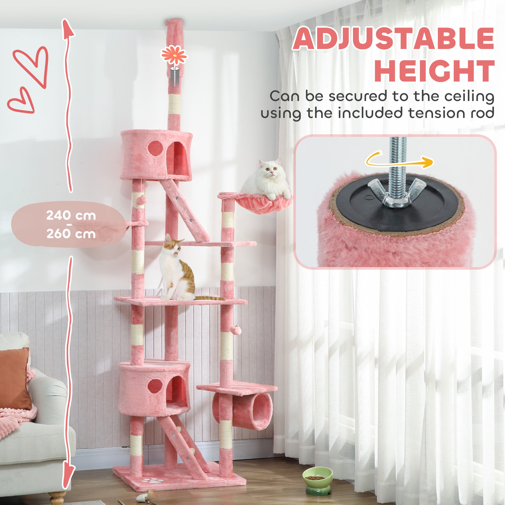 pawhut-arbre-chat-sol-plafond-7-niveaux-avec-2-niches-et-hamacs-rose image 7