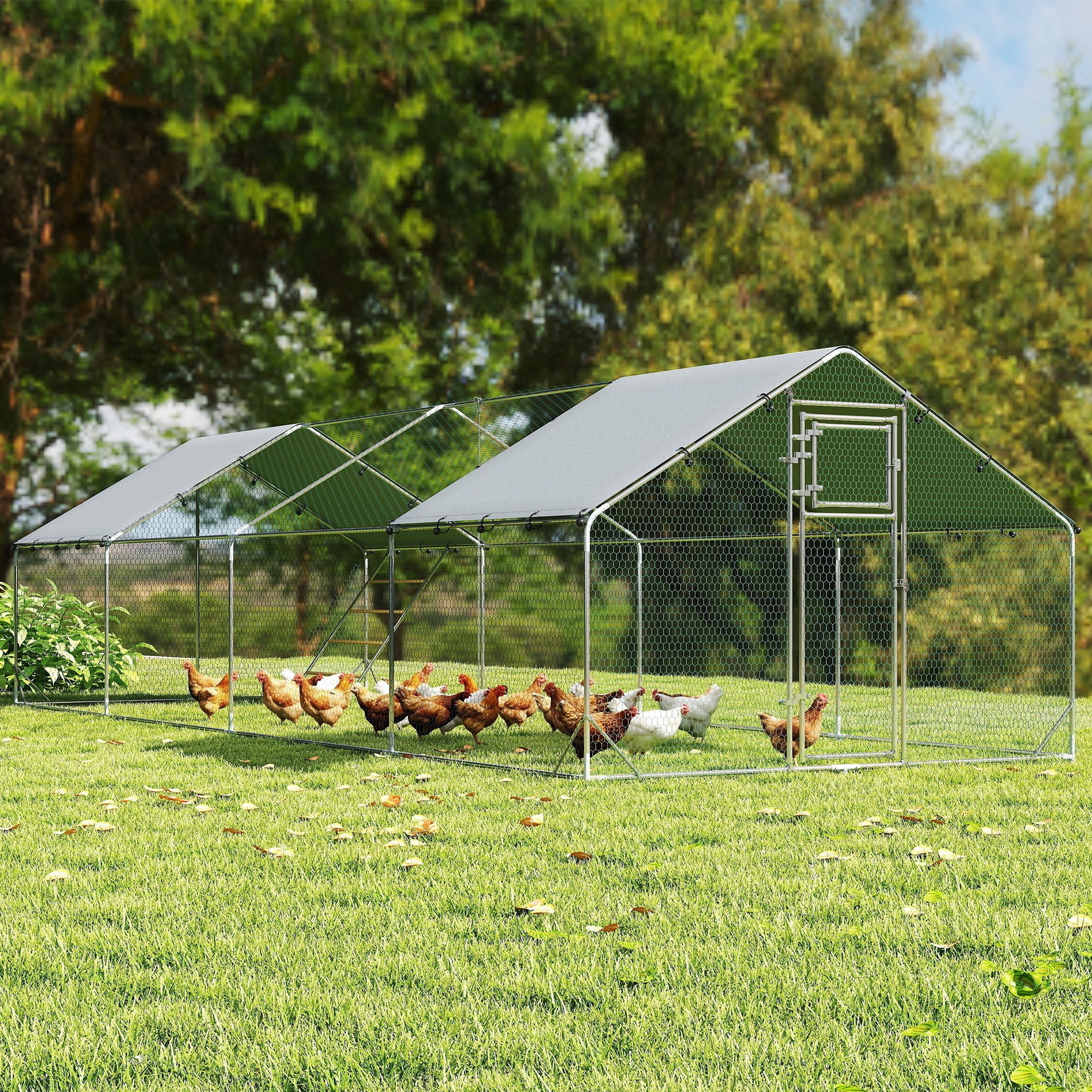 pawhut-parc-poules-m-tal-24-m-avec-b-che-mangeoire-et-perchoirs-argent image 4