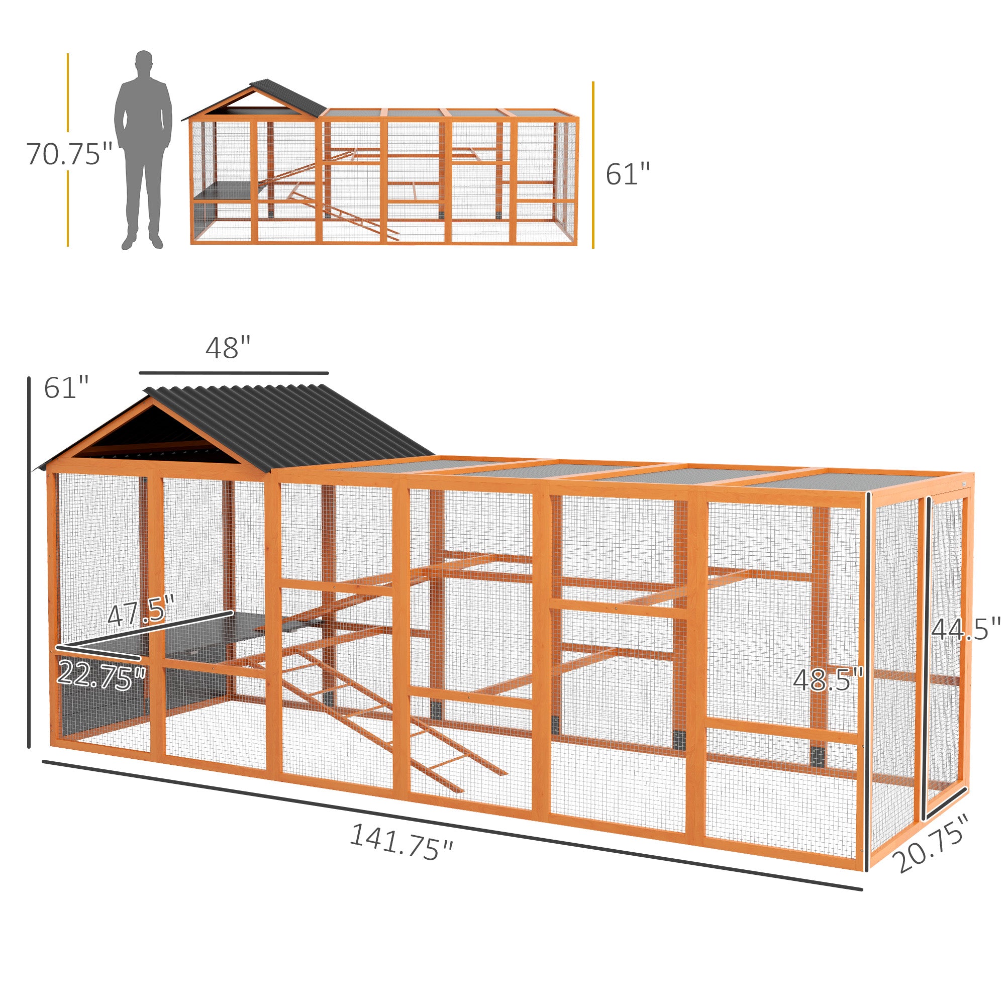 pawhut-extension-enclos-poules-bois-avec-rangement-perchoirs-et-chelles-orange image 5