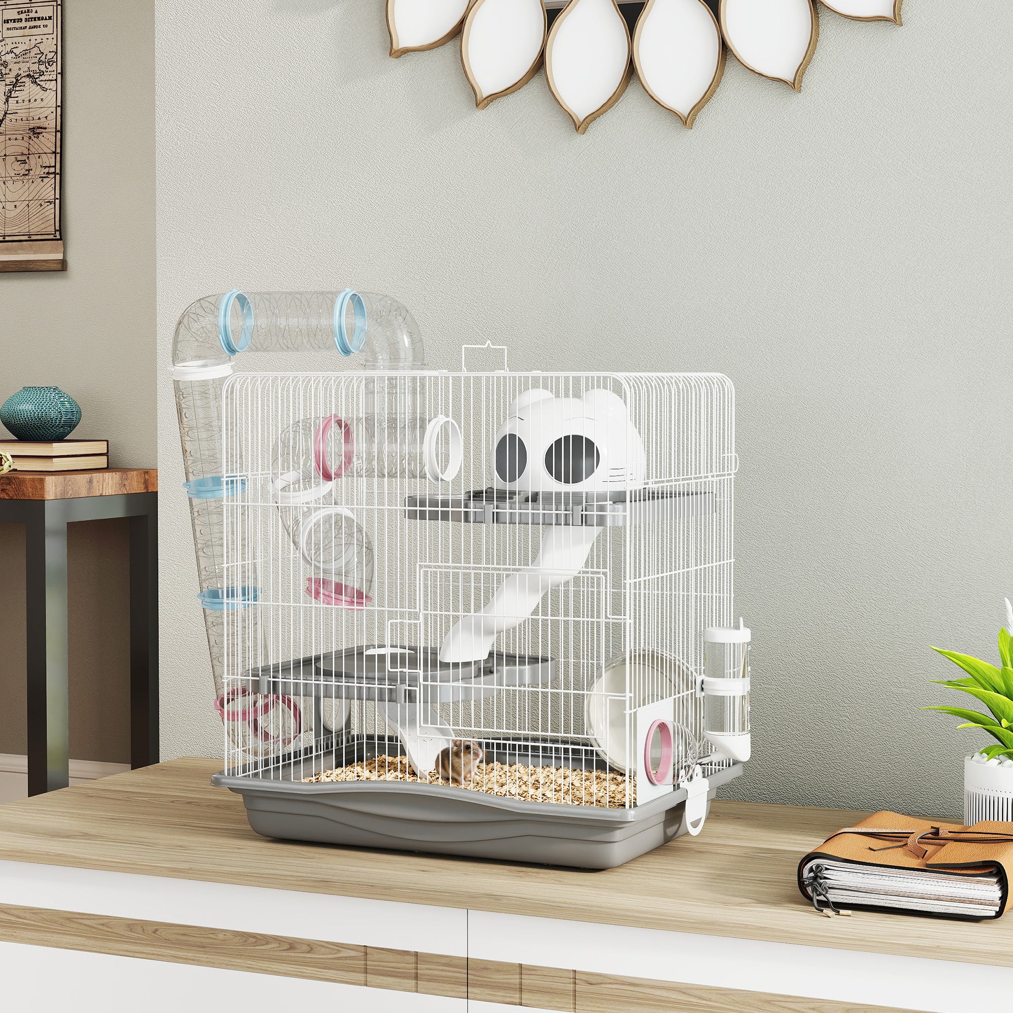 pawhut-cage-hamster-3-tages-avec-roue-tunnels-et-biberon-45-x-30-x-45-cm-gris image 4