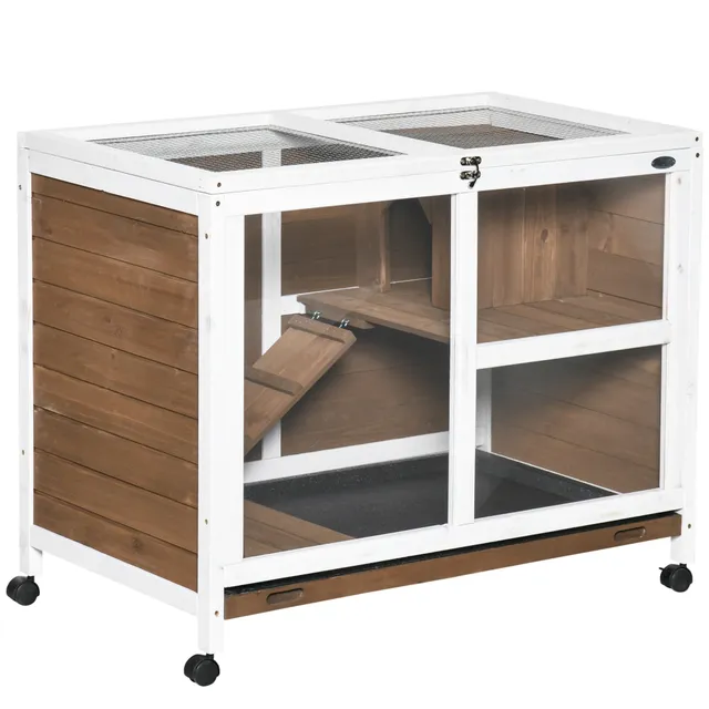 pawhut-cage-mobile-en-bois-2-tages-pour-petit-animal-avec-toit-ouvrant-marron image 1
